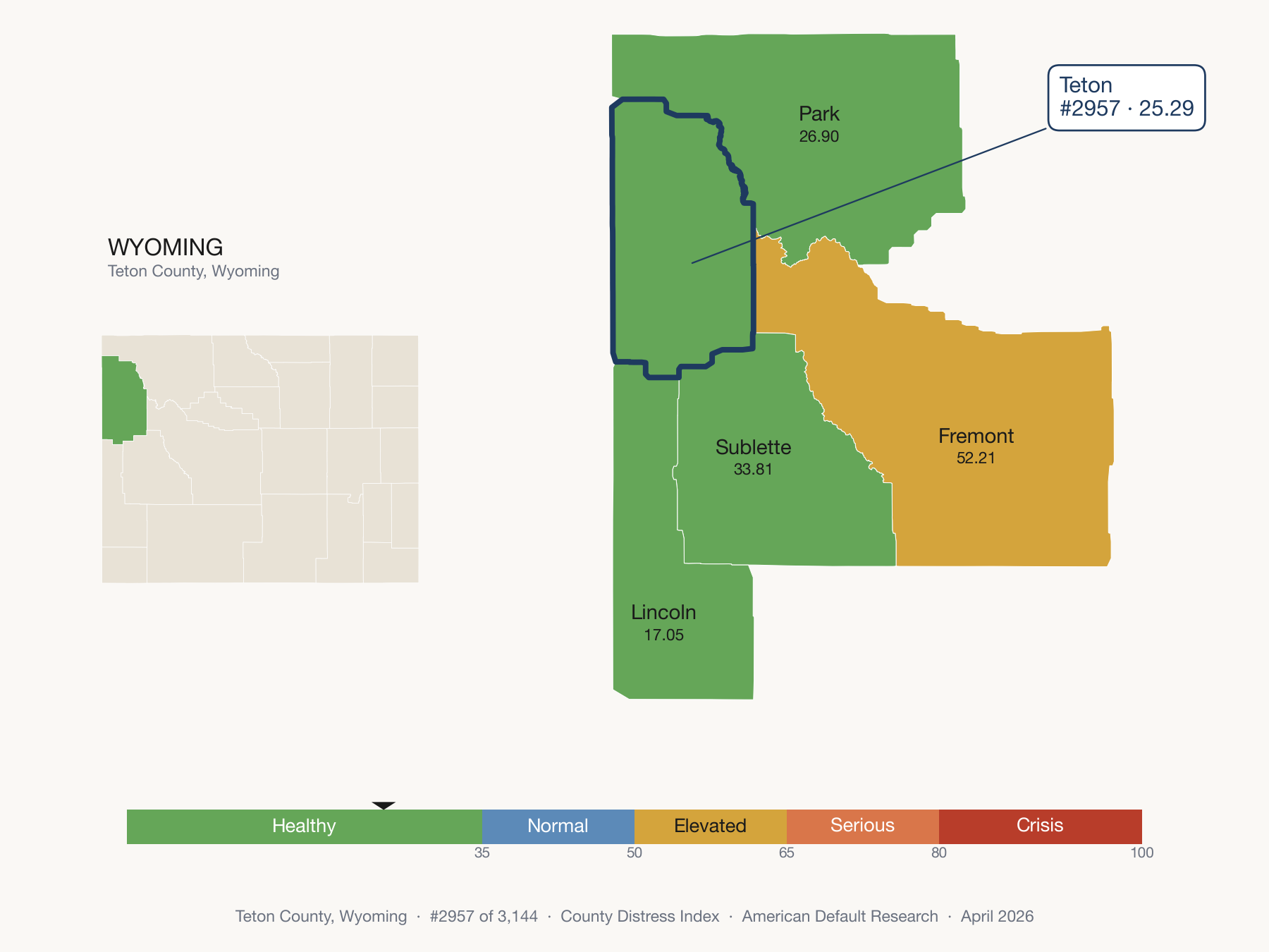 County Distress Index cluster map. Teton County, Wyoming and its neighbors colored by distress zone.