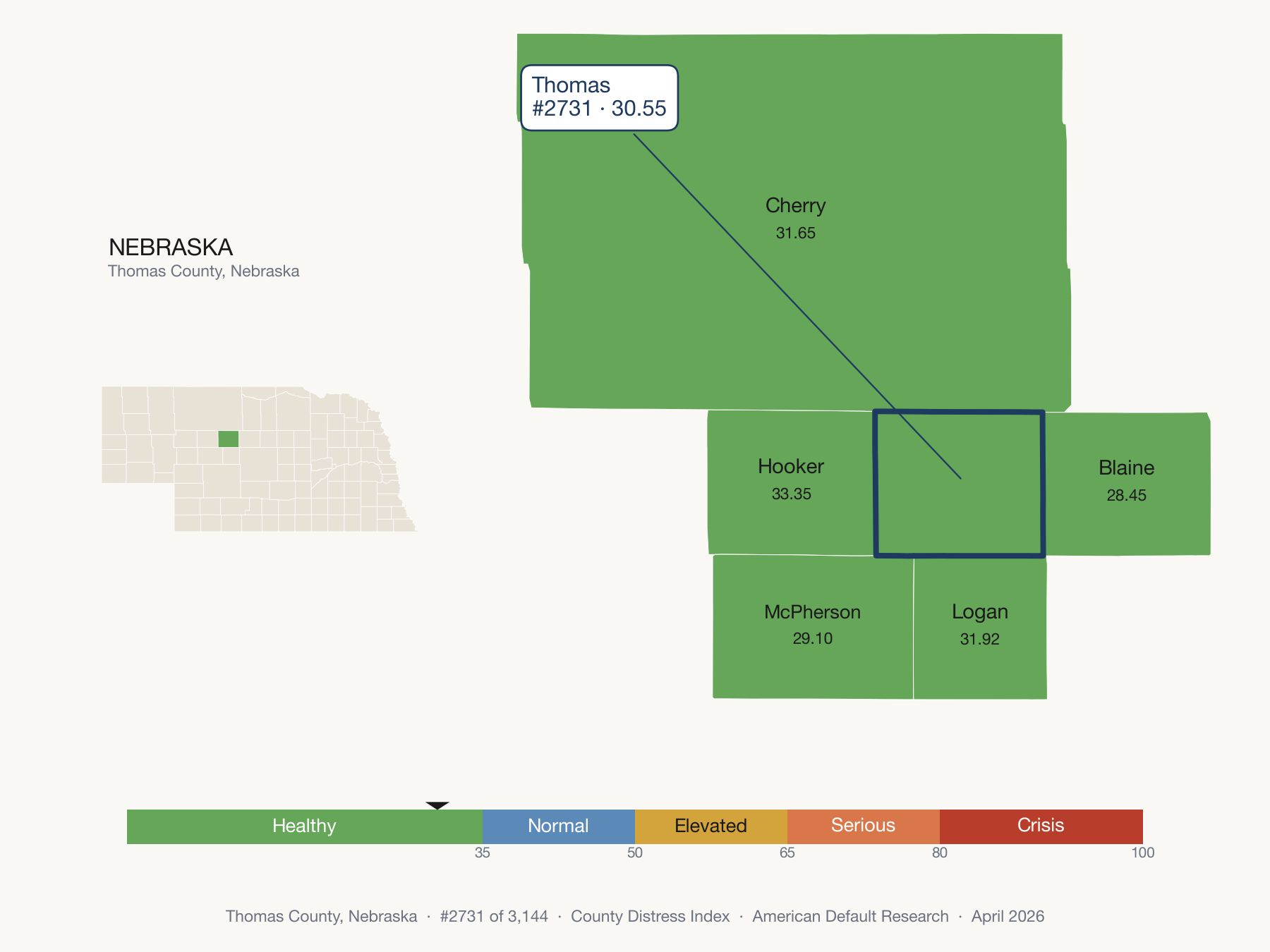 County Distress Index cluster map. Thomas County, Nebraska and its neighbors colored by distress fifth.