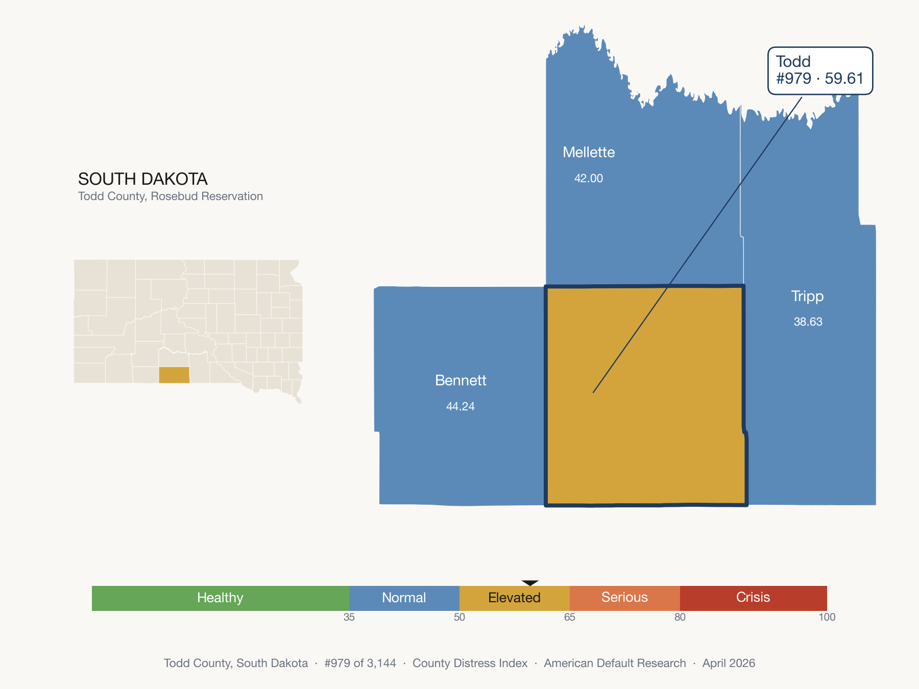 County Distress Index cluster map. Todd County, South Dakota and its neighbors colored by distress fifth.