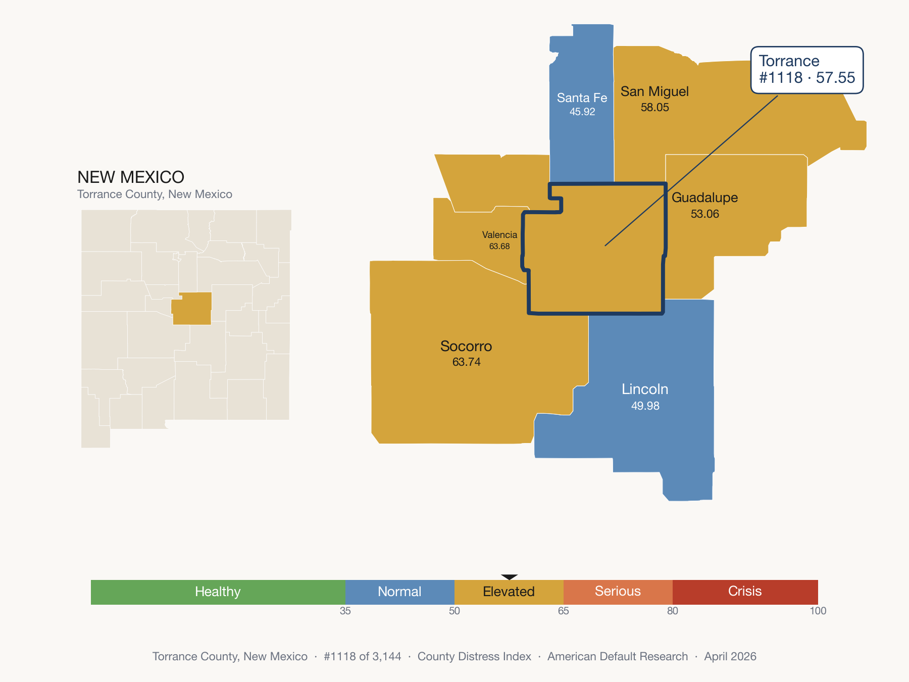 County Distress Index cluster map. Torrance County, New Mexico and its neighbors colored by distress fifth.