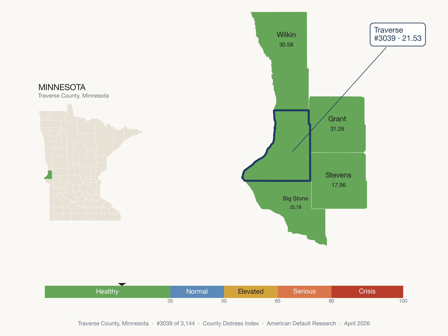 County Distress Index cluster map. Traverse County, Minnesota and its neighbors colored by distress zone.