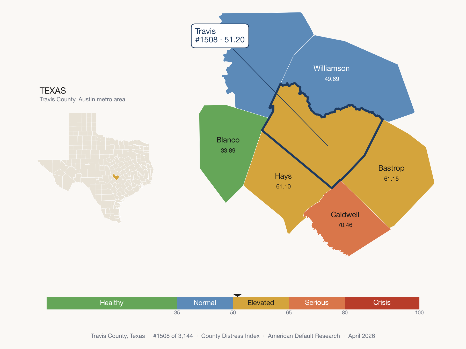 County Distress Index cluster map. Travis County, Texas and its neighbors colored by distress zone.