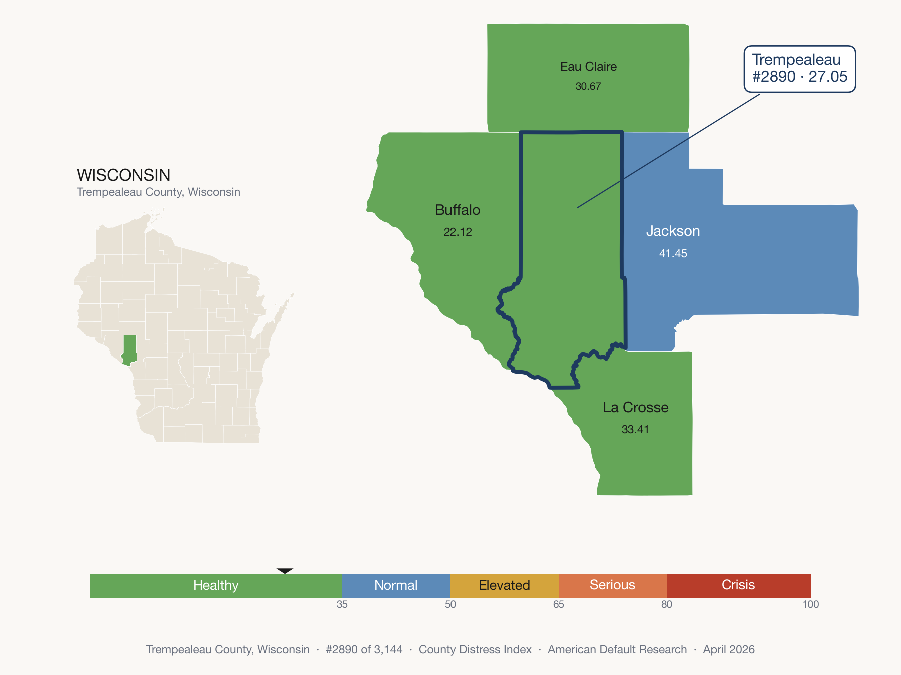 County Distress Index cluster map. Trempealeau County, Wisconsin and its neighbors colored by distress fifth.