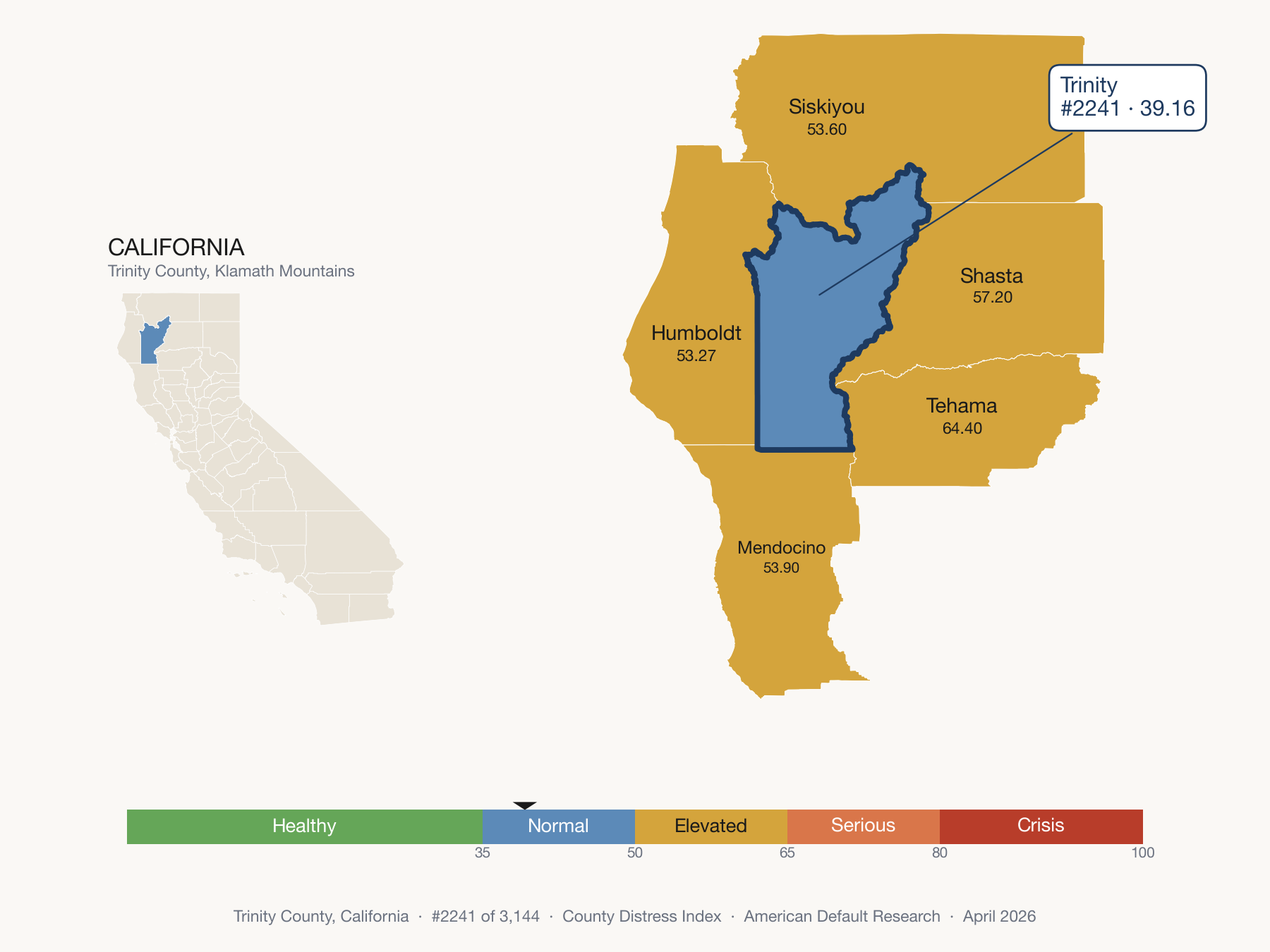County Distress Index cluster map. Trinity County, California and its neighbors colored by distress fifth.