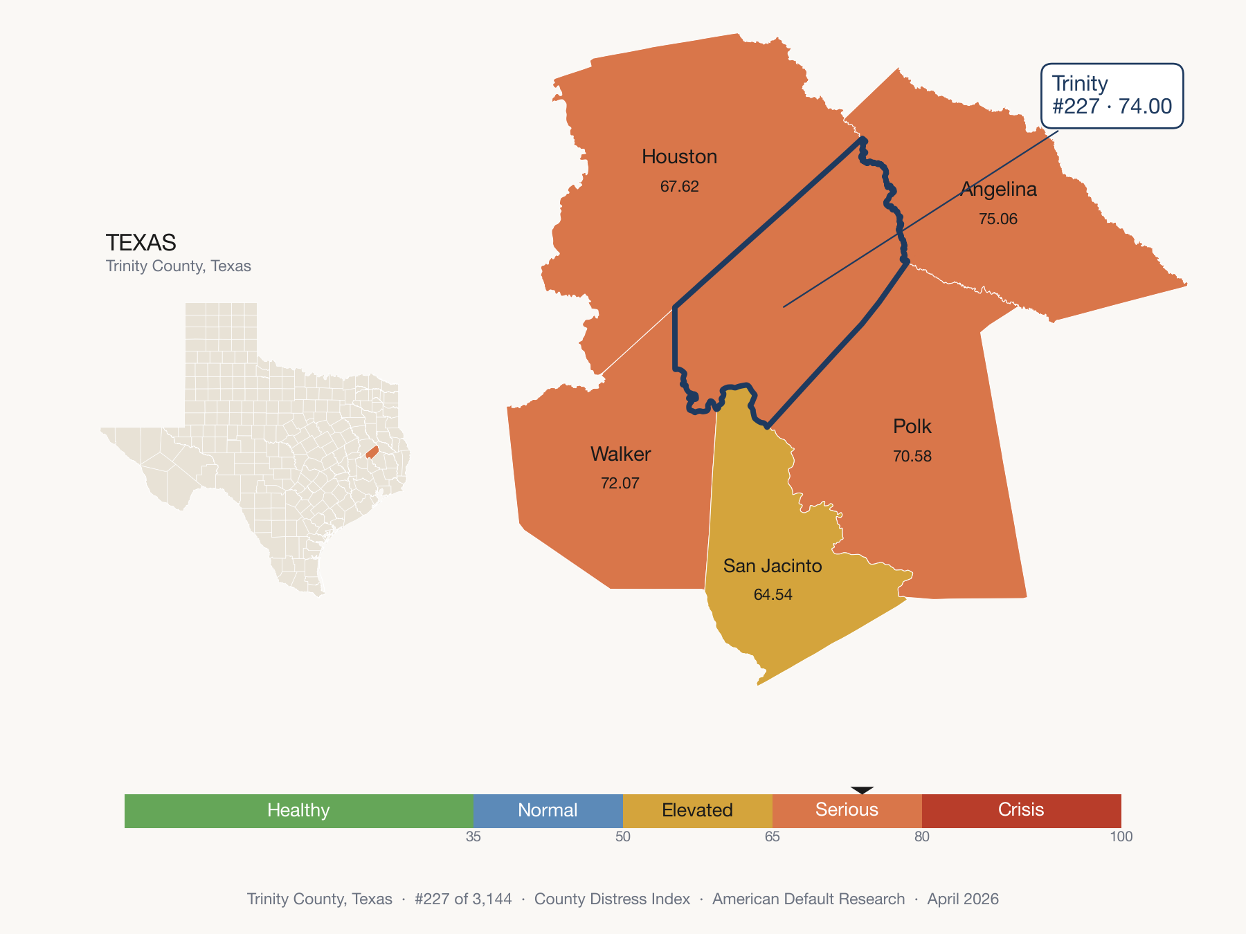 County Distress Index cluster map. Trinity County, Texas and its neighbors colored by distress fifth.