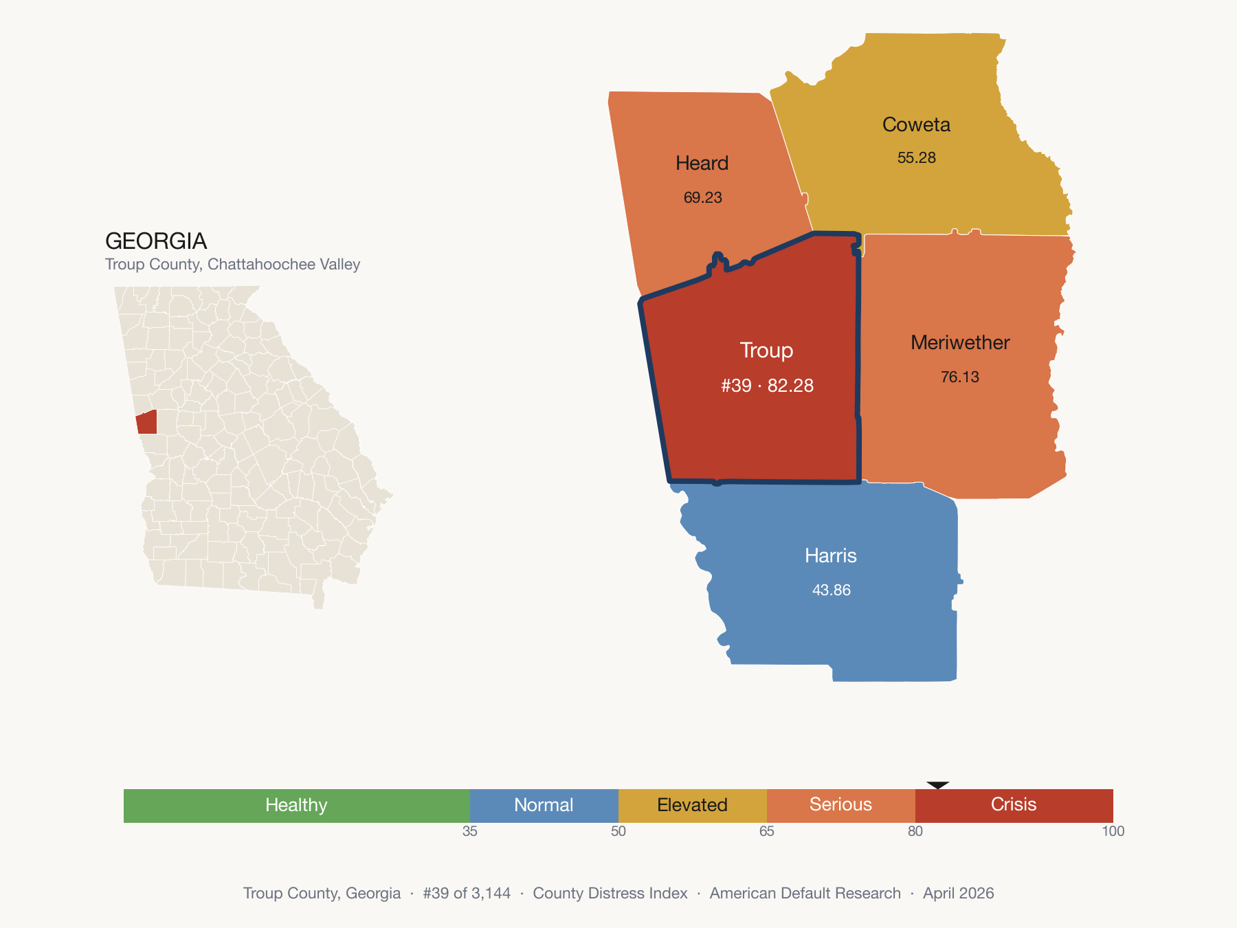 County Distress Index cluster map. Troup County, Georgia and its neighbors colored by distress fifth.
