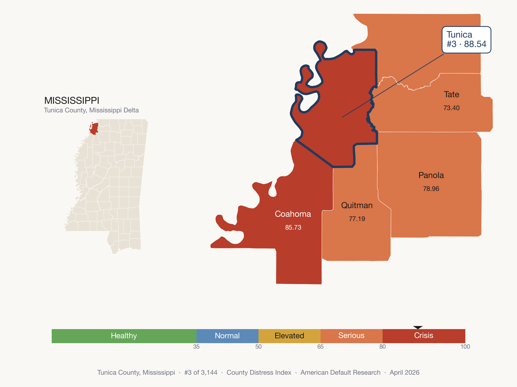 County Distress Index cluster map. Tunica County, Mississippi and its neighbors colored by distress zone.