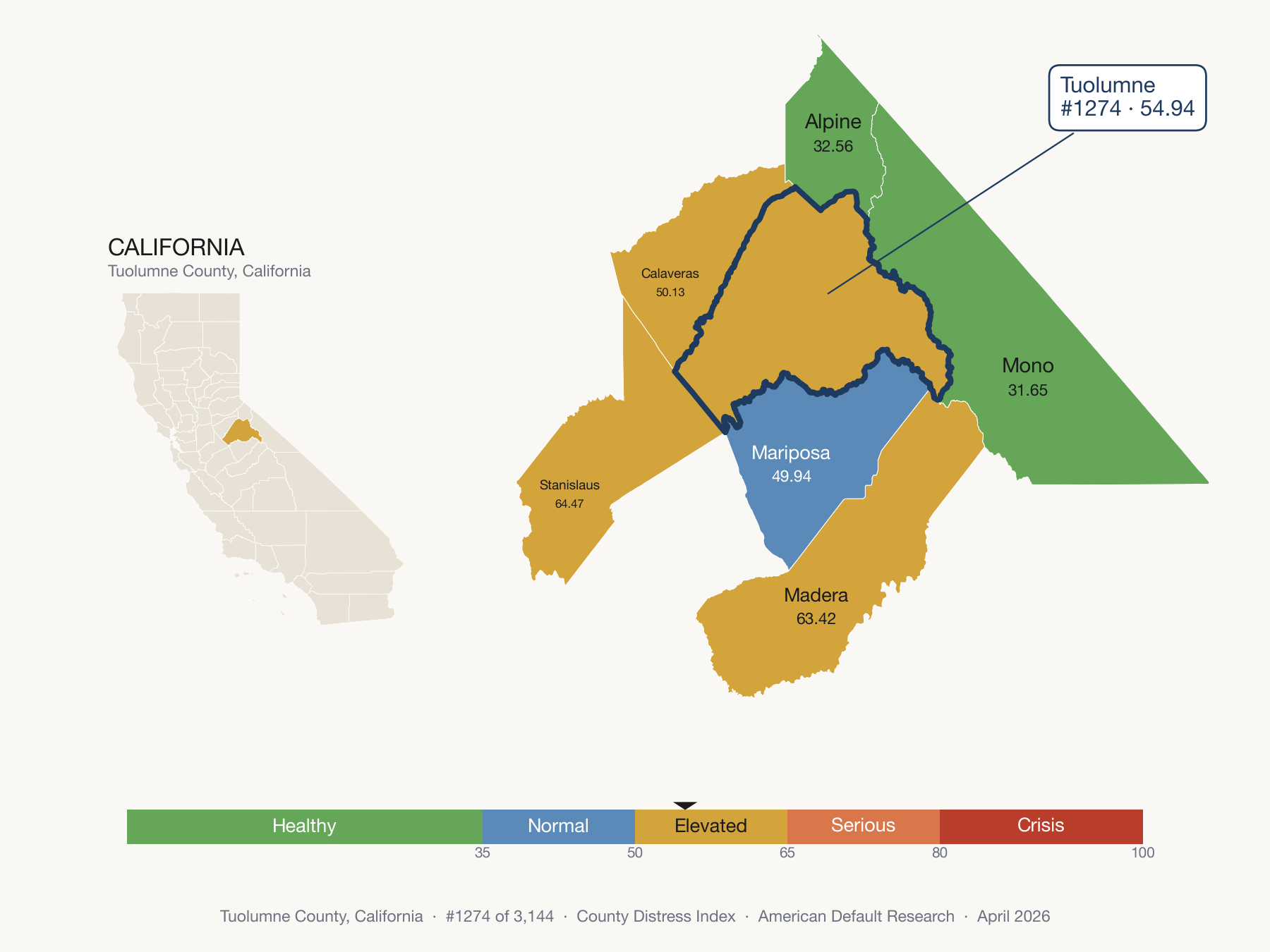 County Distress Index cluster map. Tuolumne County, California and its neighbors colored by distress zone.
