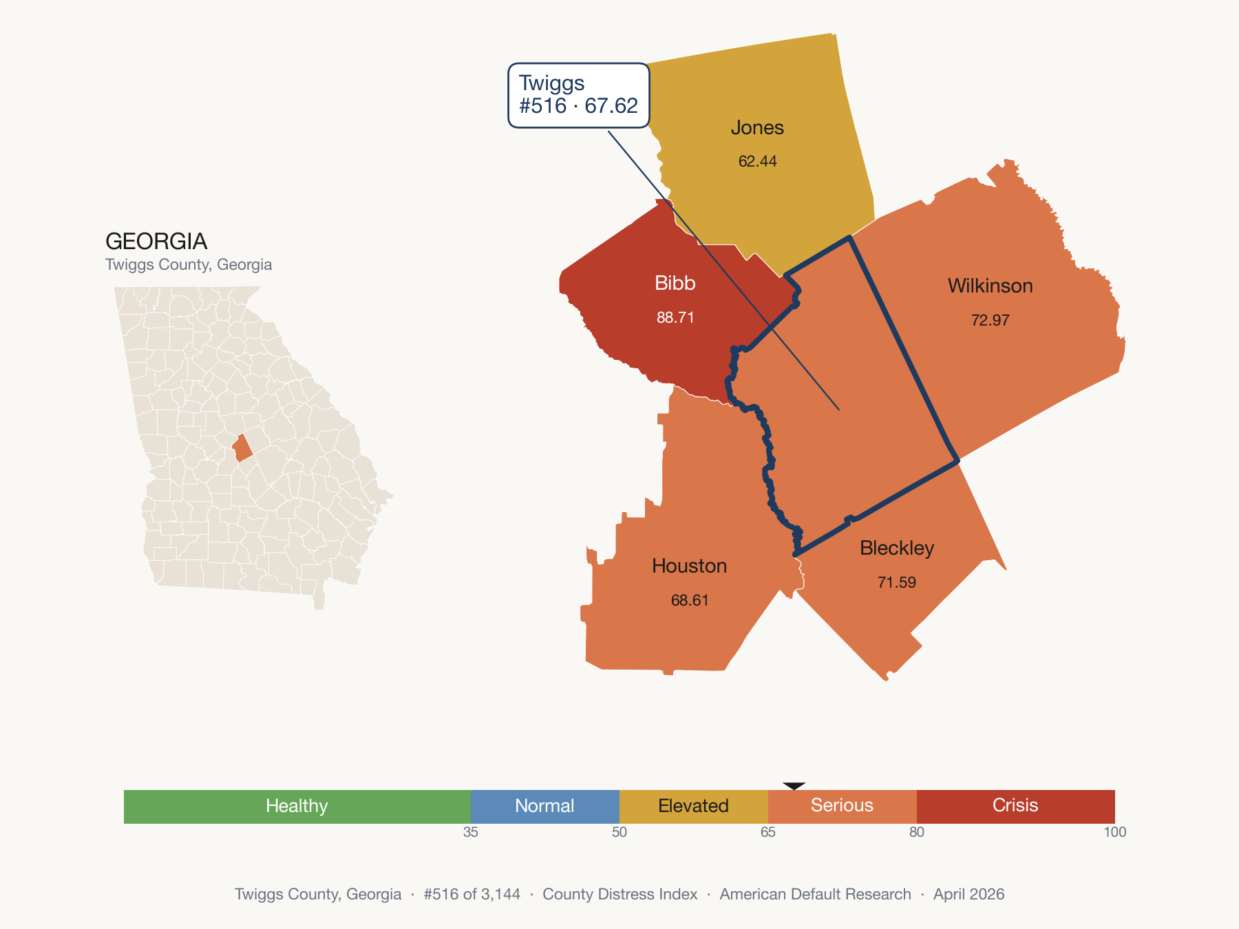 County Distress Index cluster map. Twiggs County, Georgia and its neighbors colored by distress fifth.
