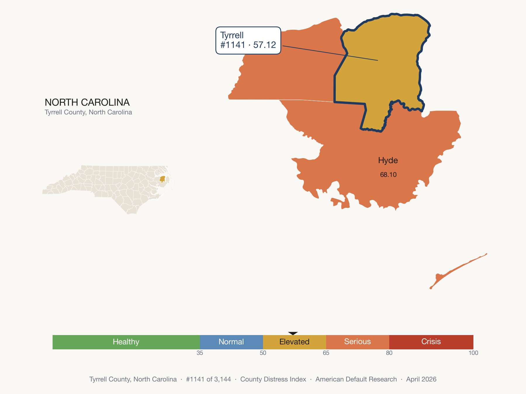 County Distress Index cluster map. Tyrrell County, North Carolina and its neighbors colored by distress fifth.