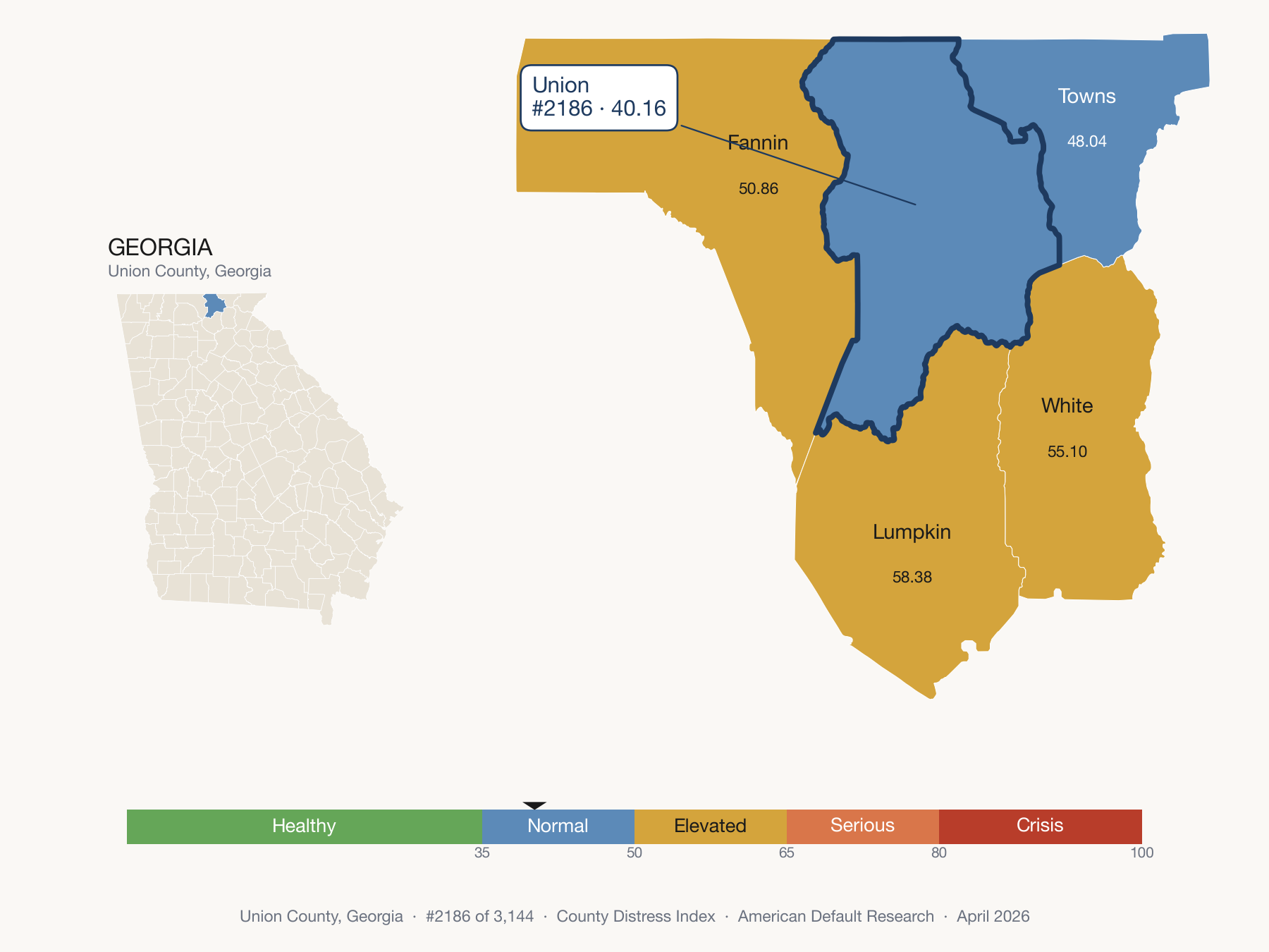County Distress Index cluster map. Union County, Georgia and its neighbors colored by distress fifth.