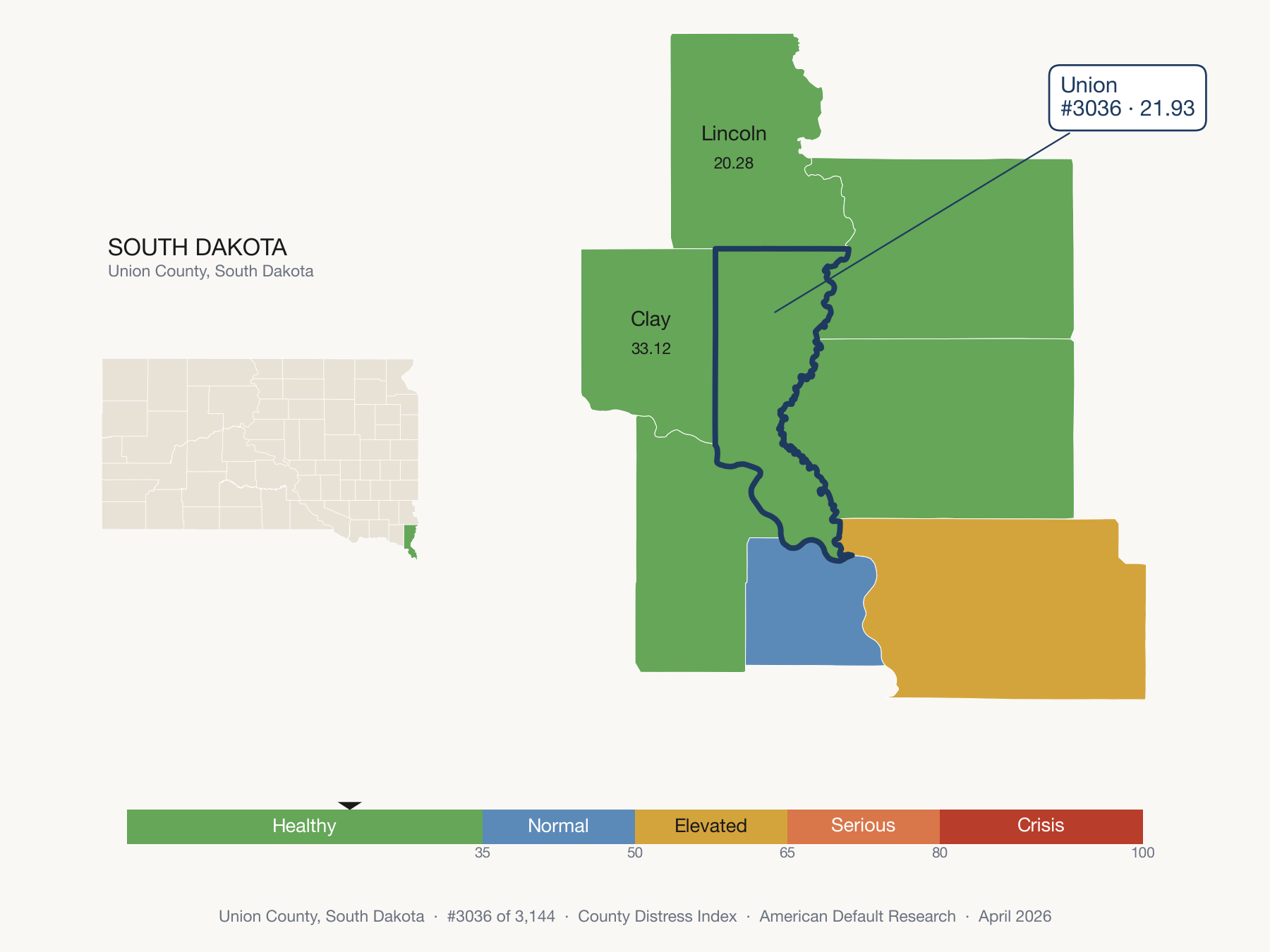 County Distress Index cluster map. Union County, South Dakota and its neighbors colored by distress zone.