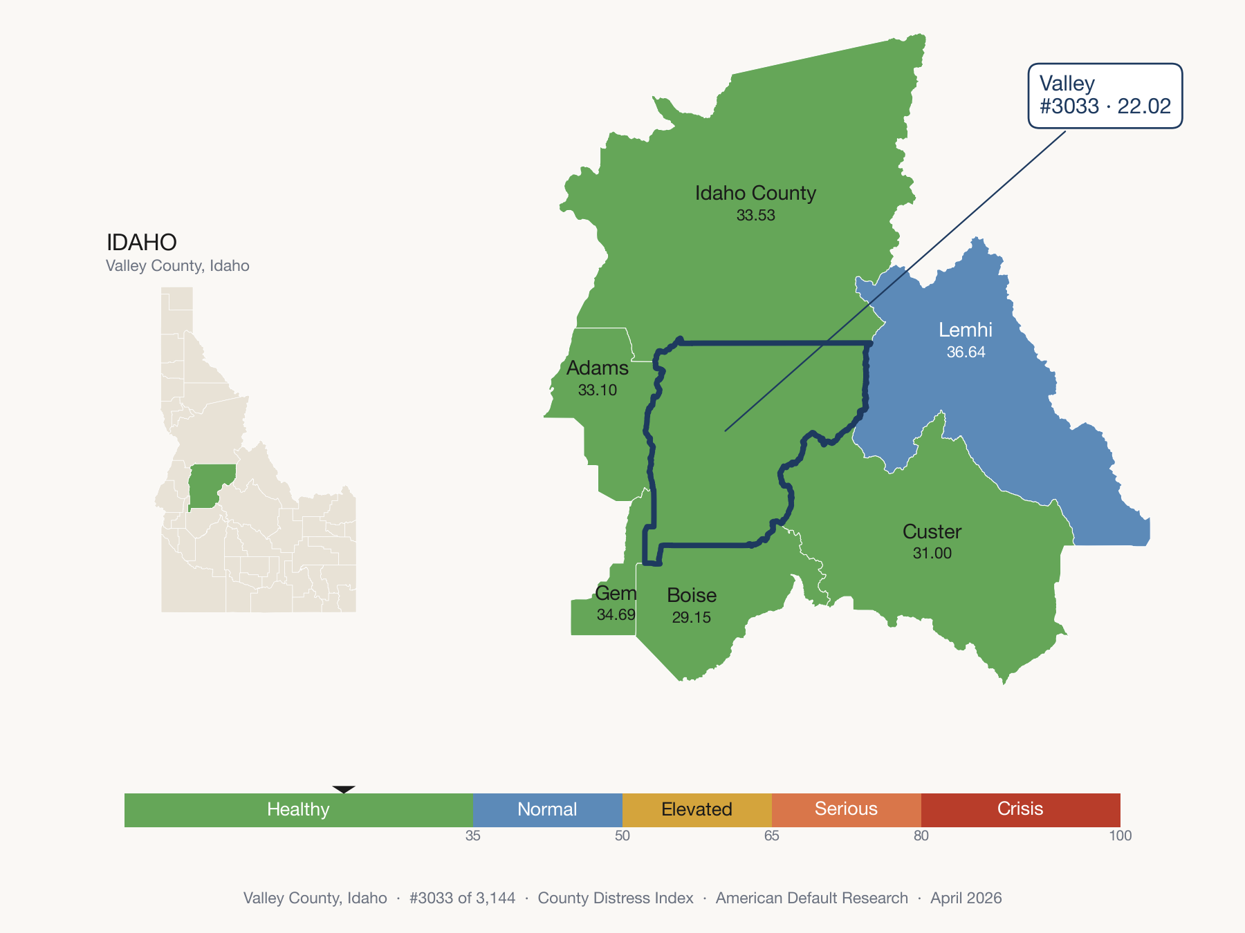 County Distress Index cluster map. Valley County, Idaho and its neighbors colored by distress zone.