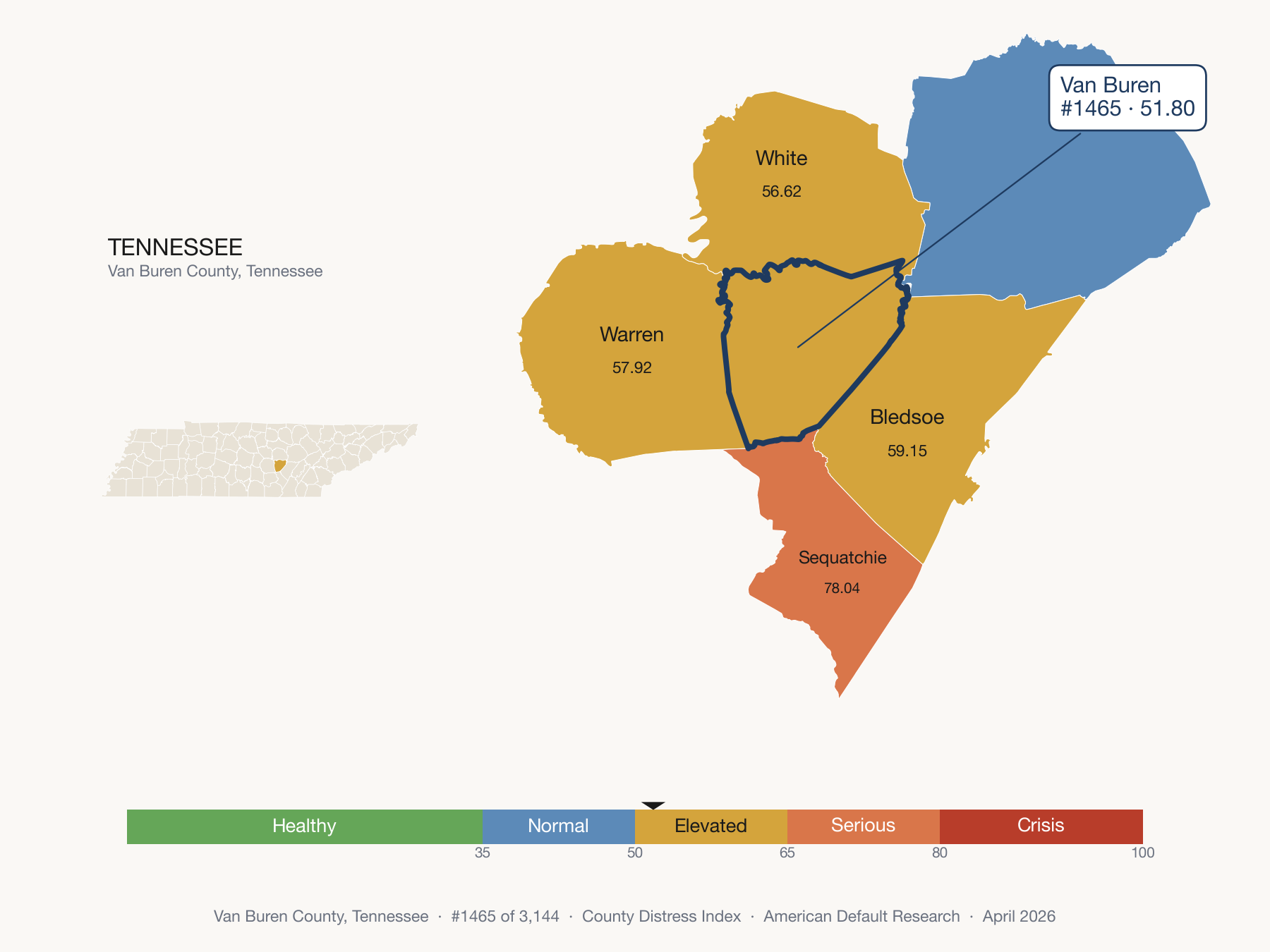 County Distress Index cluster map. Van Buren County, Tennessee and its neighbors colored by distress zone.