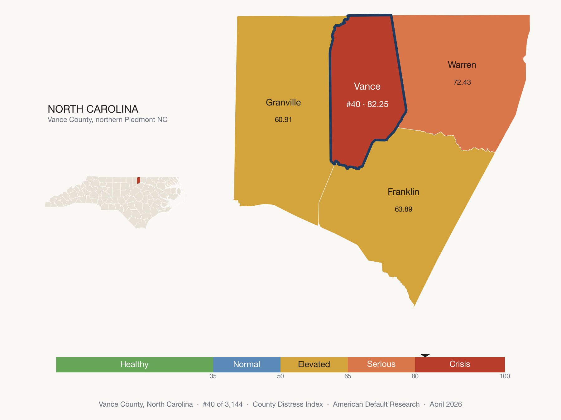County Distress Index cluster map. Vance County, North Carolina and its neighbors colored by distress zone.