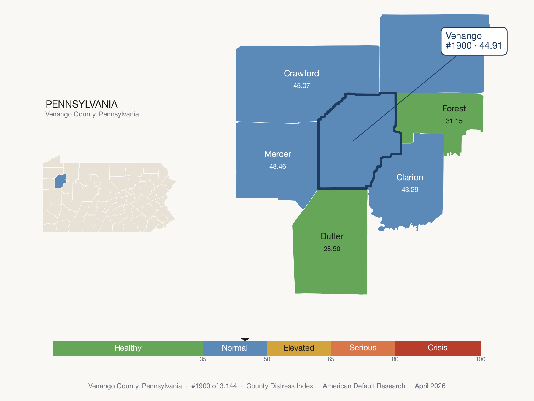 County Distress Index cluster map. Venango County, Pennsylvania and its neighbors colored by distress fifth.