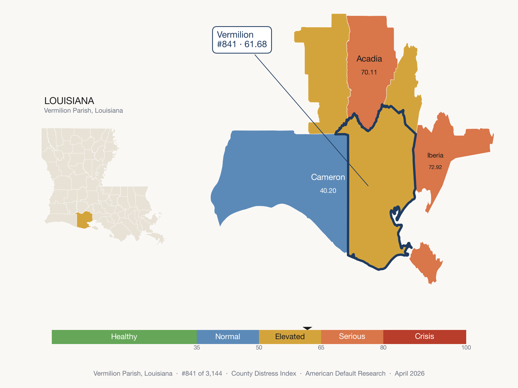 County Distress Index cluster map. Vermilion Parish, Louisiana and its neighbors colored by distress zone.