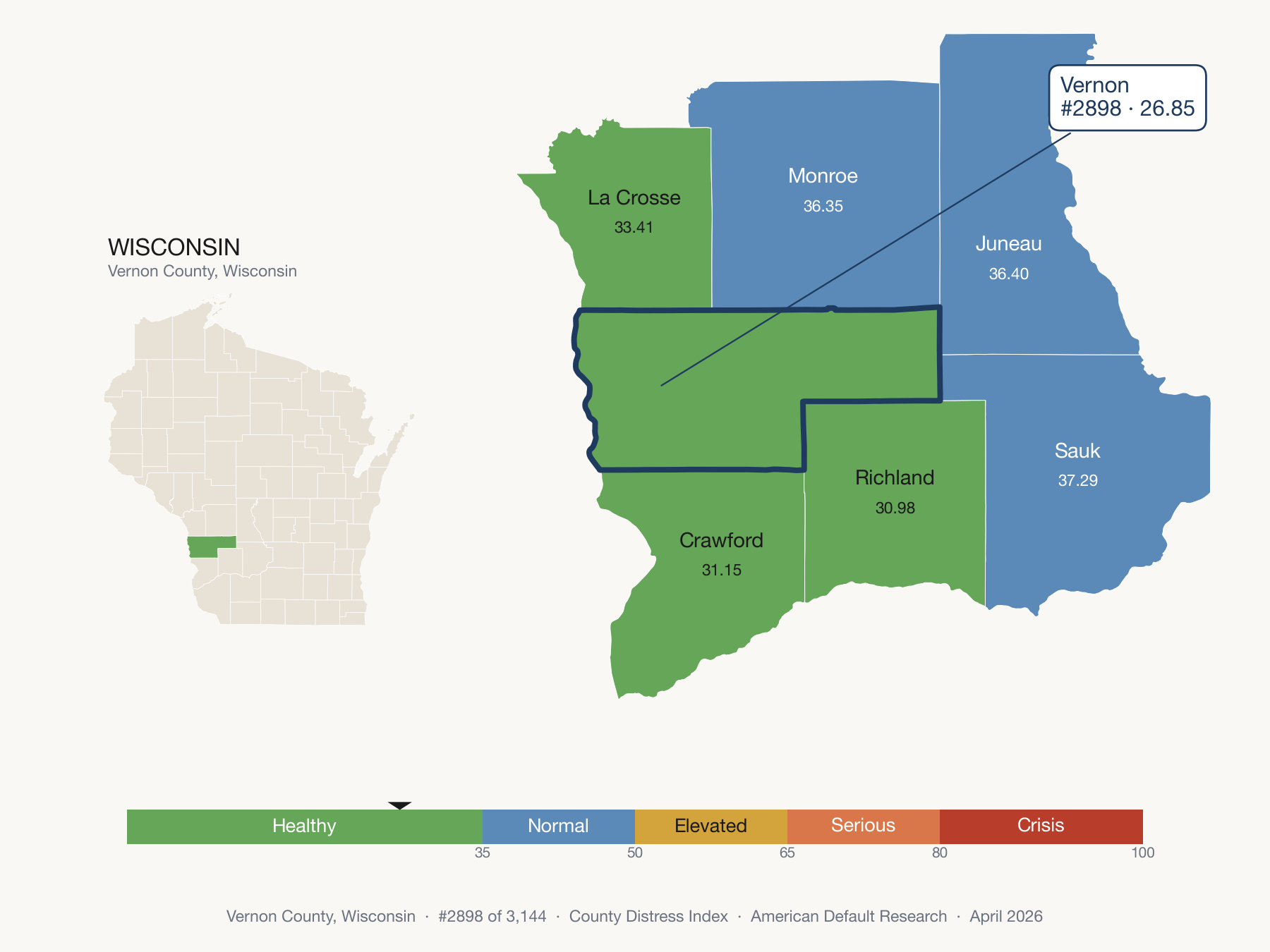 County Distress Index cluster map. Vernon County, Wisconsin and its neighbors colored by distress fifth.