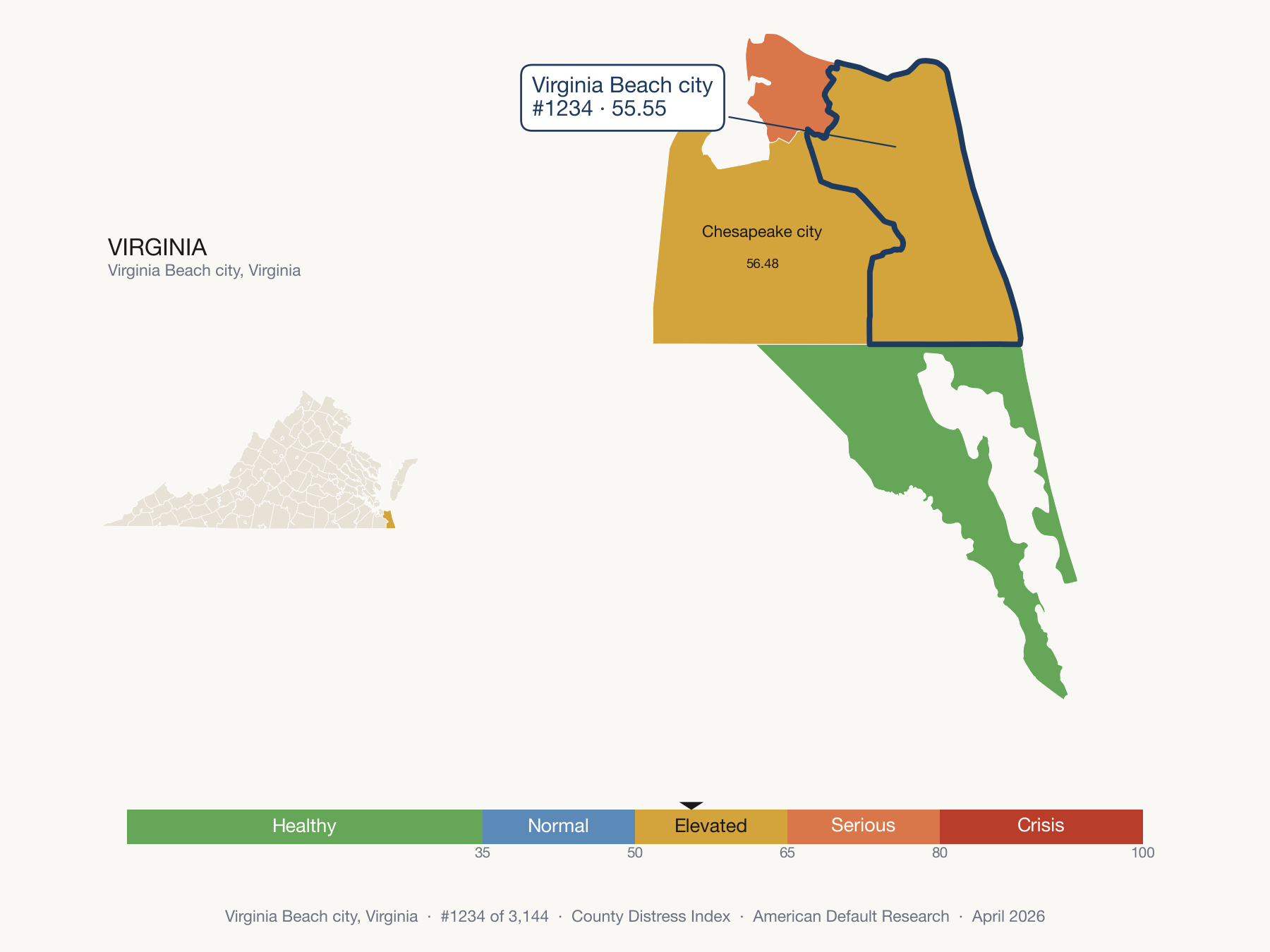 County Distress Index cluster map. Virginia Beach city, Virginia and its neighbors colored by distress zone.