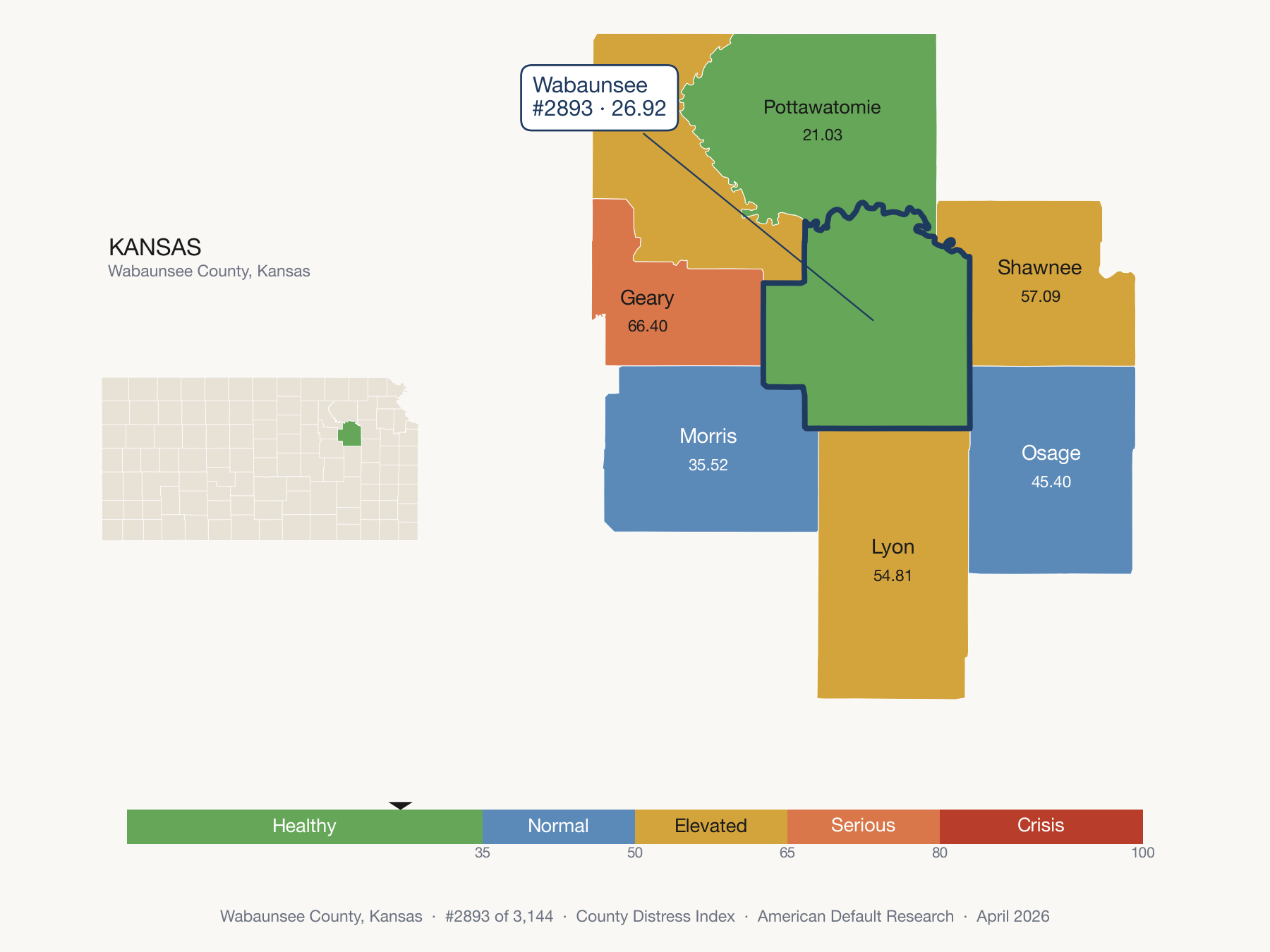 County Distress Index cluster map. Wabaunsee County, Kansas and its neighbors colored by distress zone.