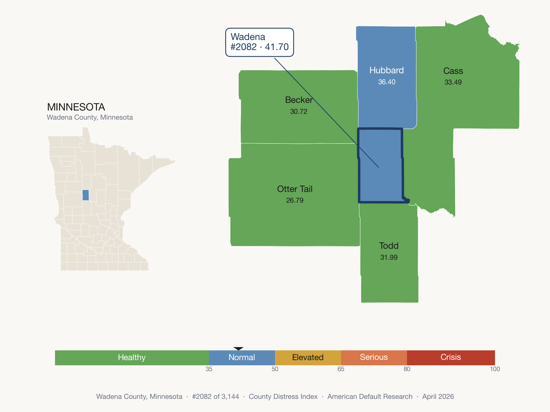 County Distress Index cluster map. Wadena County, Minnesota and its neighbors colored by distress fifth.