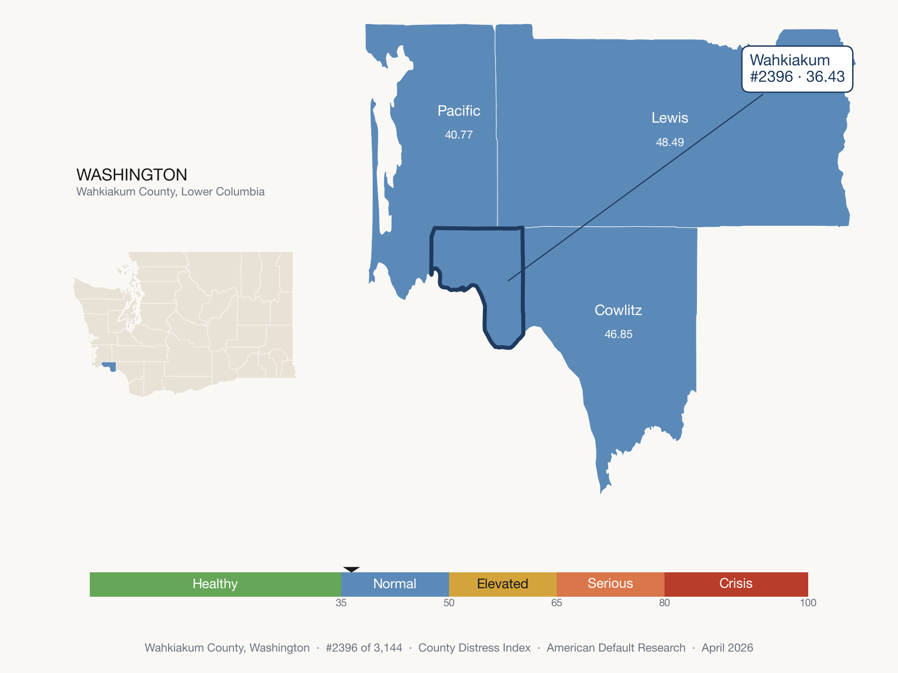 County Distress Index cluster map. Wahkiakum County, Washington and its neighbors colored by distress fifth.