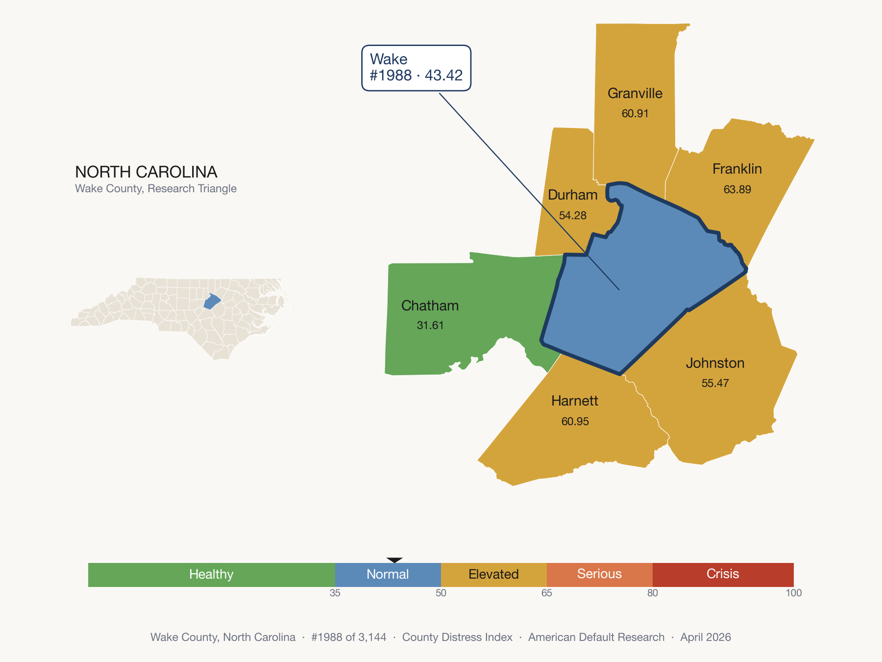 County Distress Index cluster map. Wake County, North Carolina and its neighbors colored by distress zone.