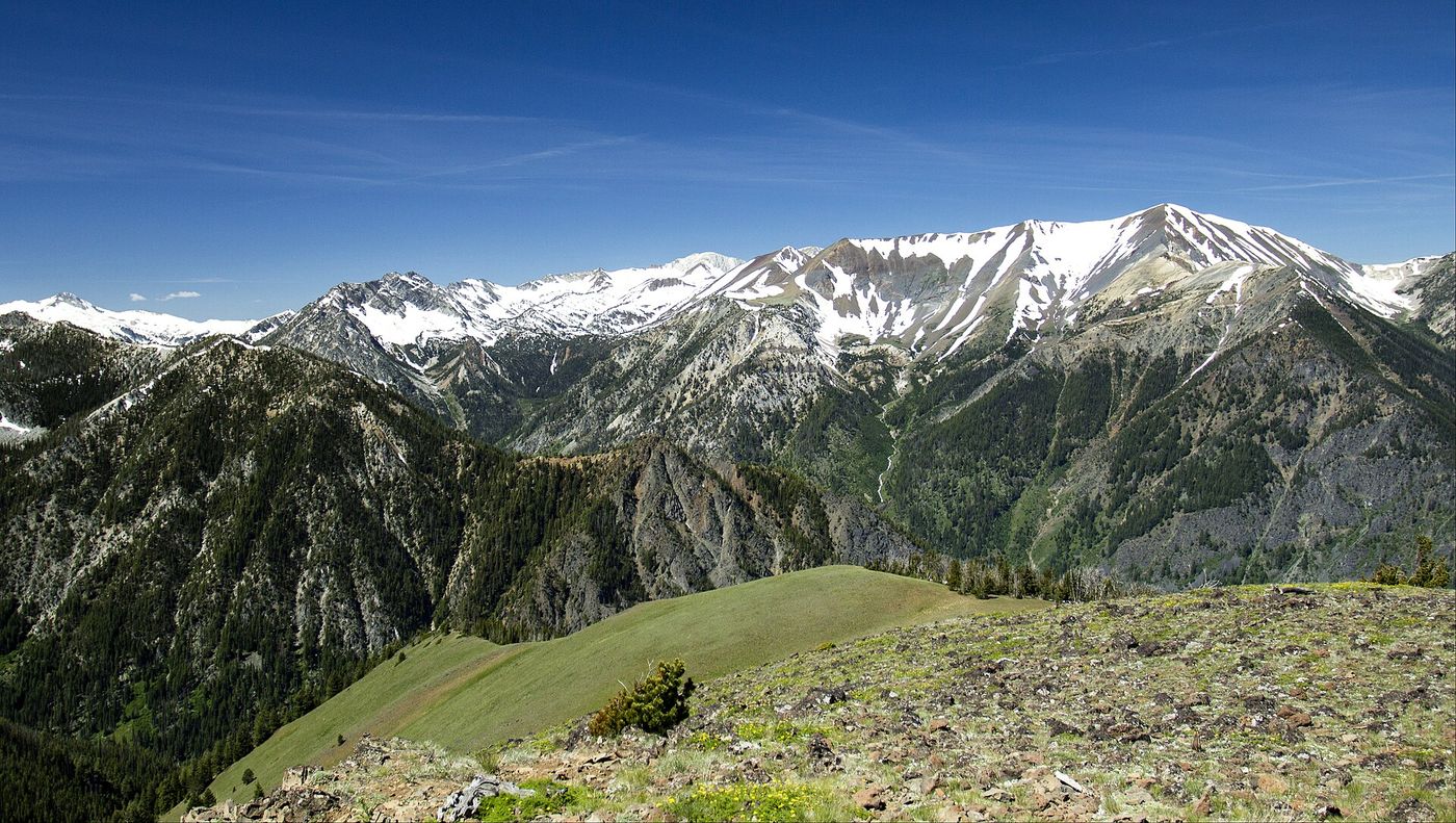 Hurwal Divide seen from Mount Howard in the Wallowa Mountains, Wallowa County, Oregon. Snow-capped alpine peaks above forested slopes.