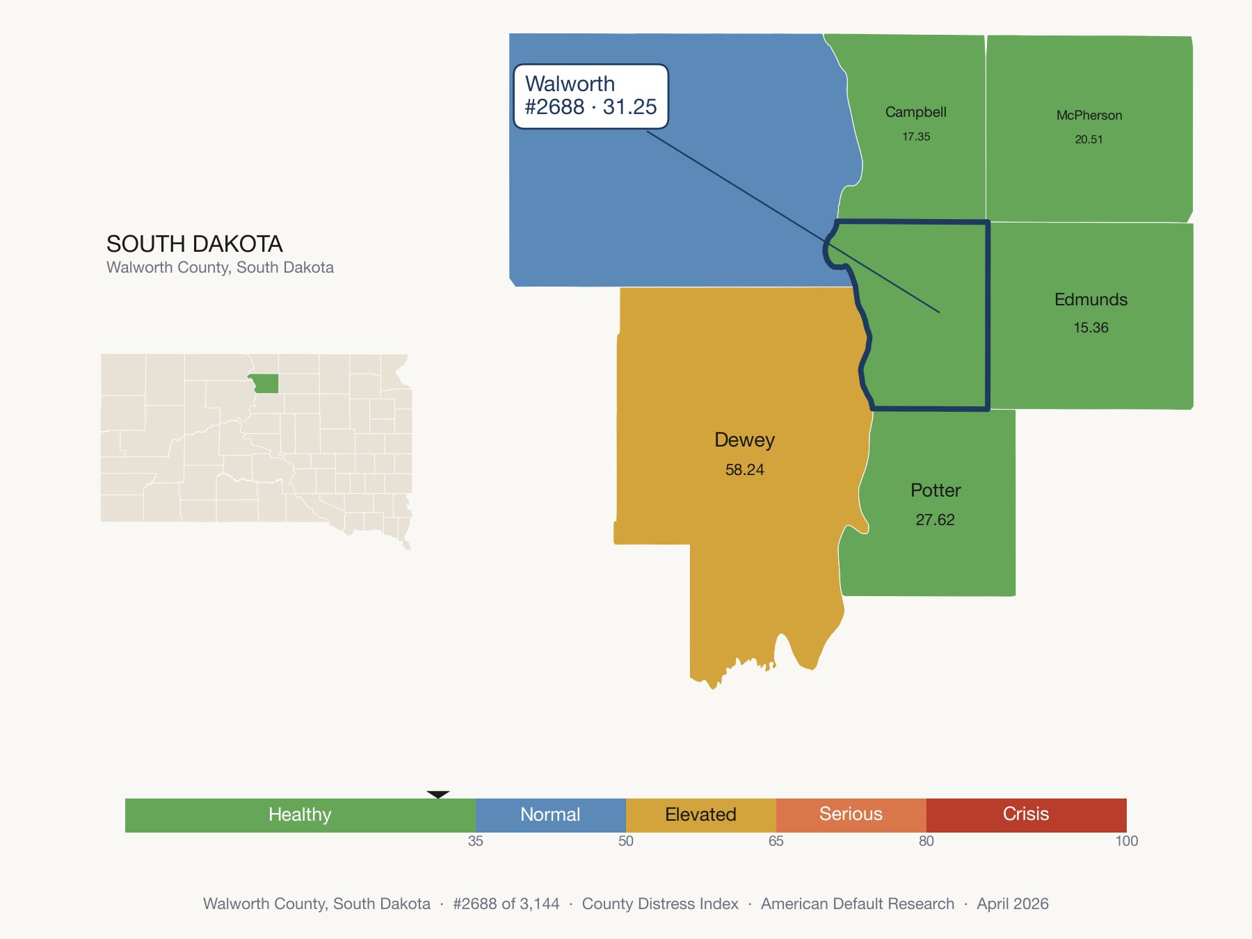 County Distress Index cluster map. Walworth County, South Dakota and its neighbors colored by distress fifth.