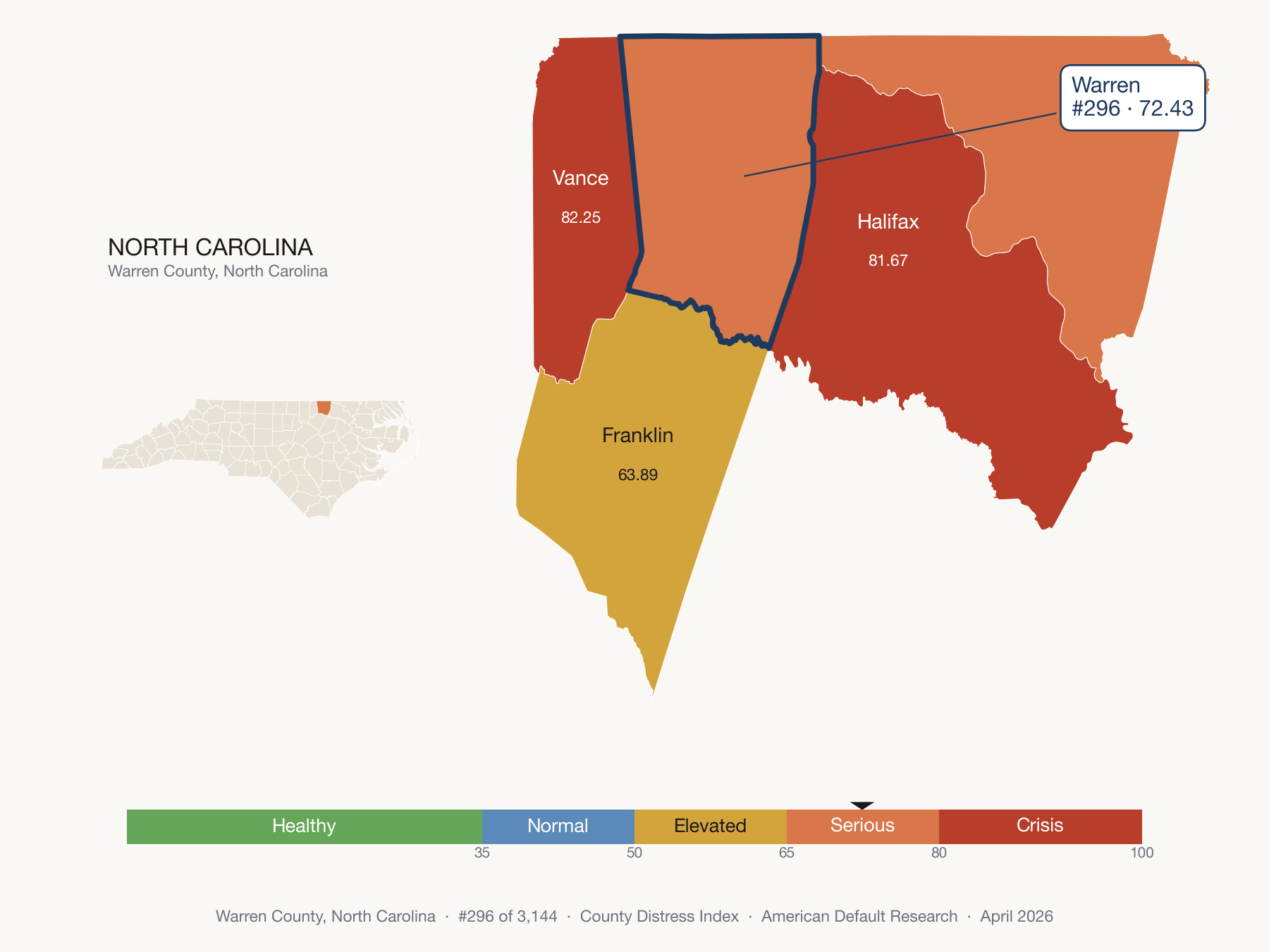 County Distress Index cluster map. Warren County, North Carolina and its neighbors colored by distress fifth.