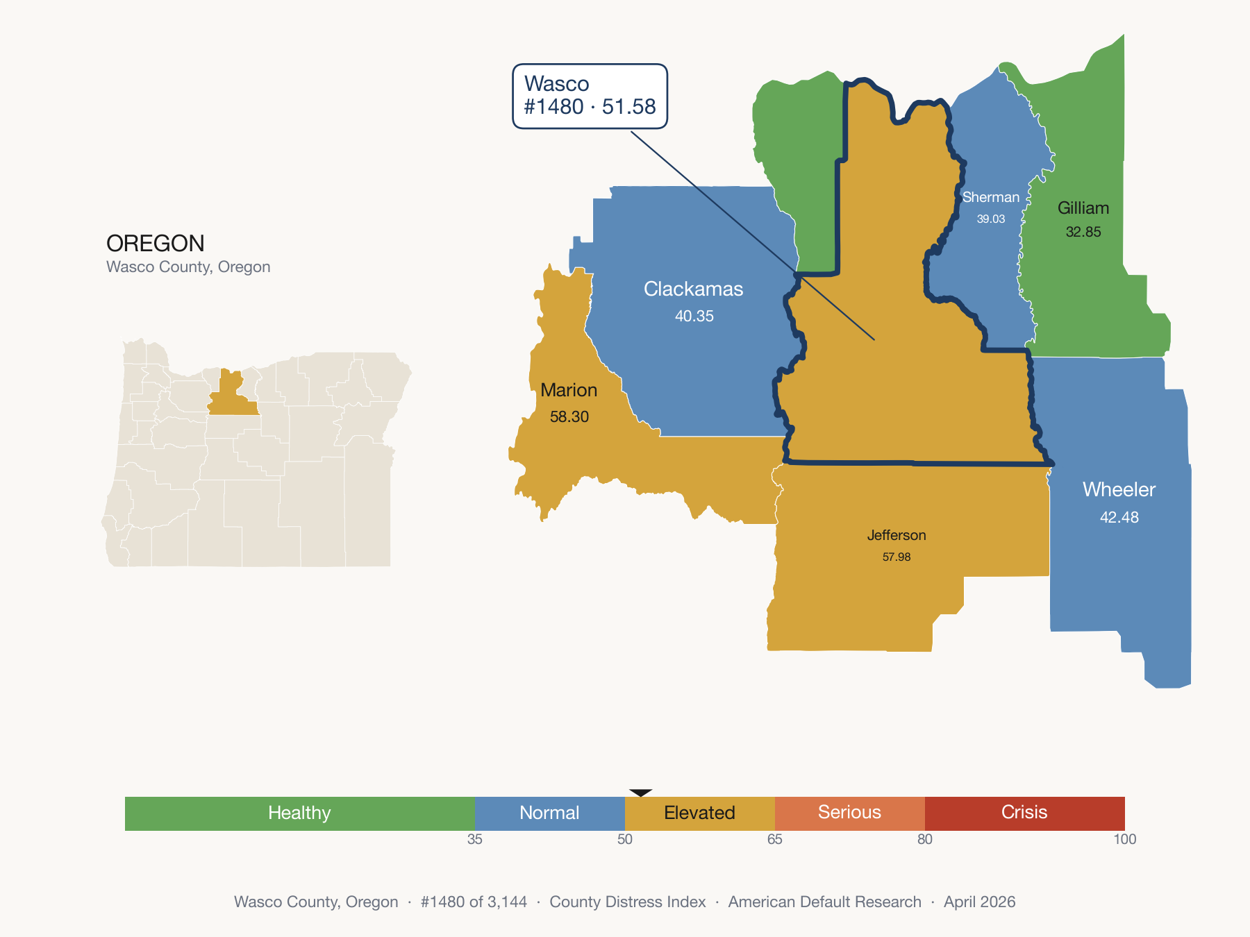 County Distress Index cluster map. Wasco County, Oregon and its neighbors colored by distress zone.