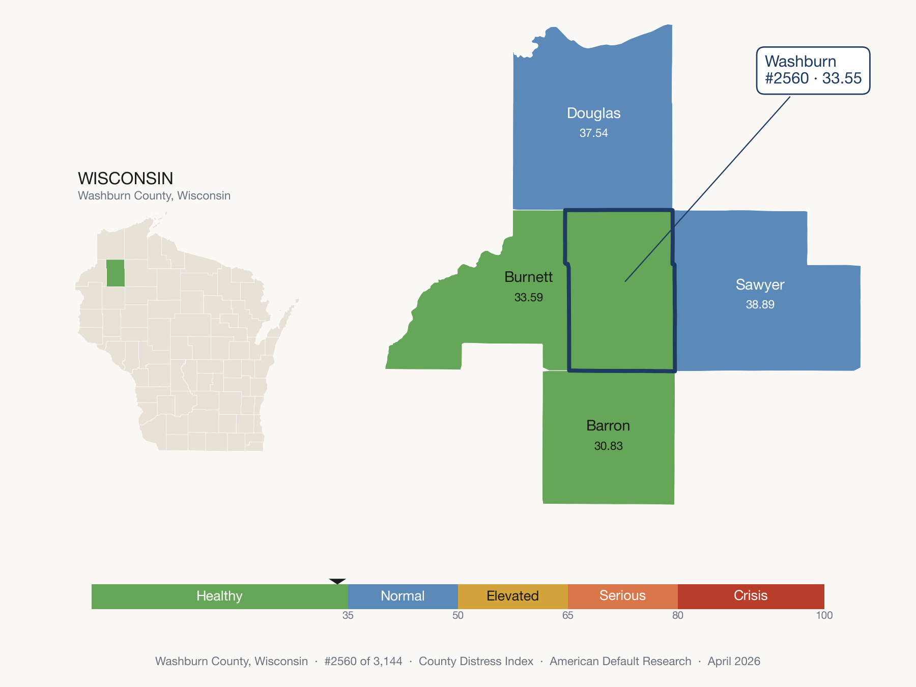 County Distress Index cluster map. Washburn County, Wisconsin and its neighbors colored by distress zone.
