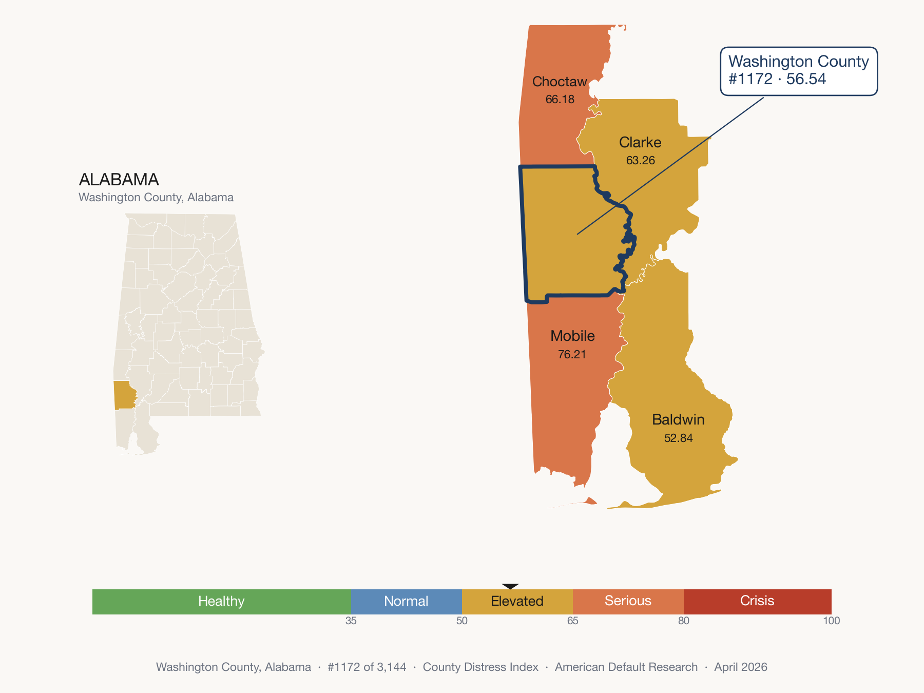 County Distress Index cluster map. Washington County, Alabama and its neighbors colored by distress fifth.