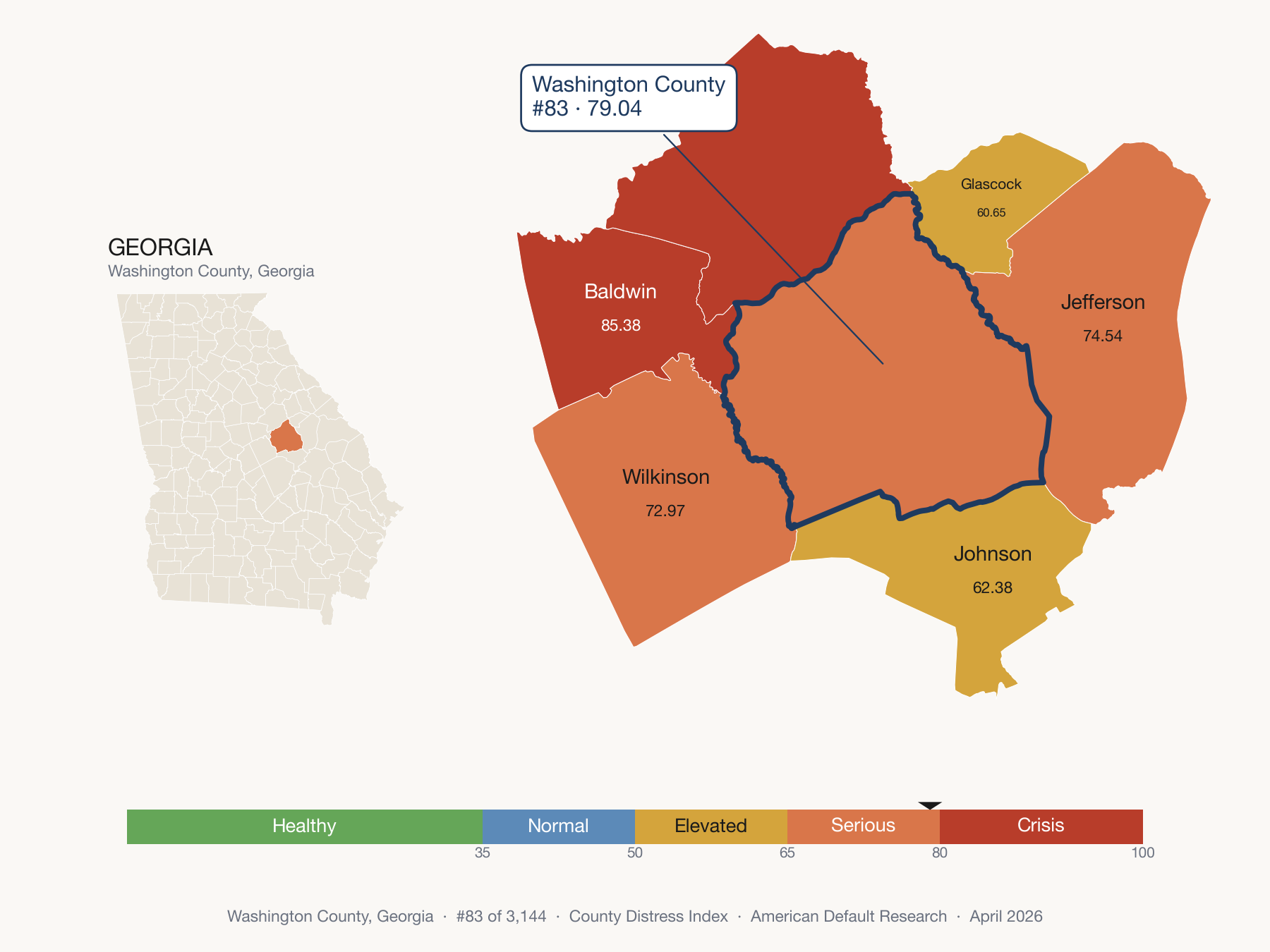 County Distress Index cluster map. Washington County, Georgia and its neighbors colored by distress fifth.