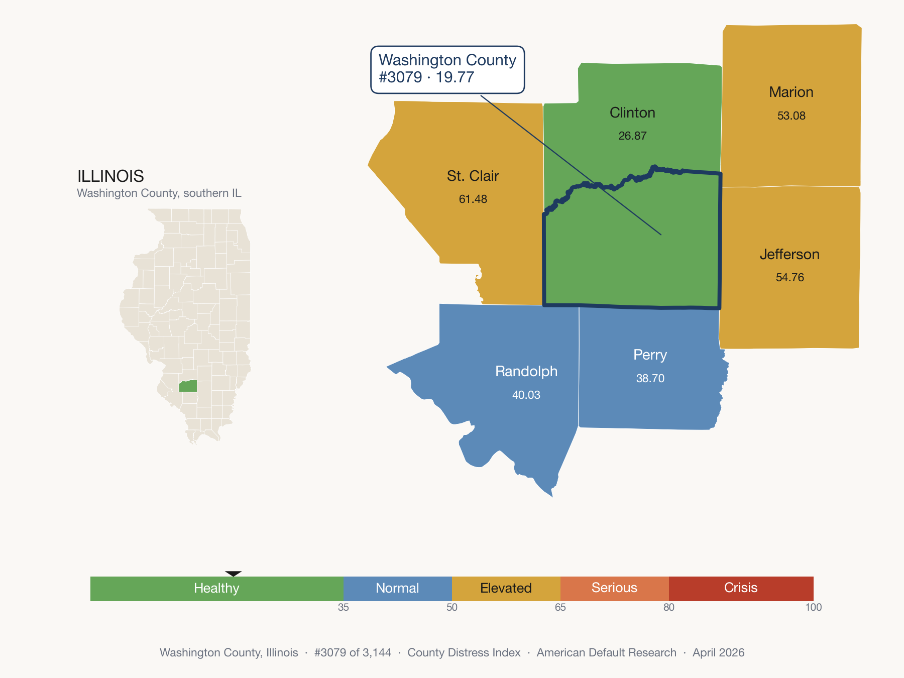 County Distress Index cluster map. Washington County, Illinois and its neighbors colored by distress zone.