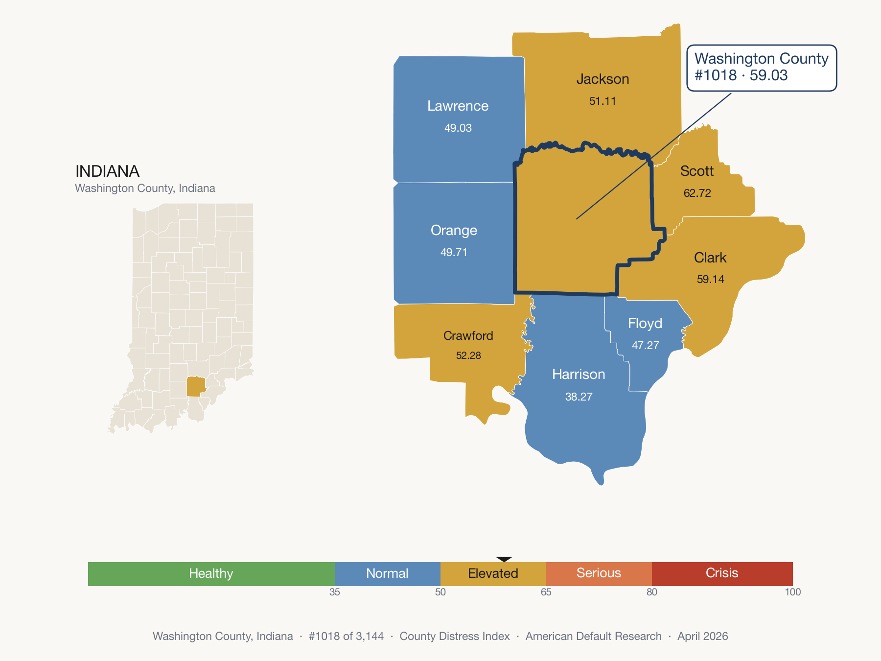 County Distress Index cluster map. Washington County, Indiana and its neighbors colored by distress fifth.