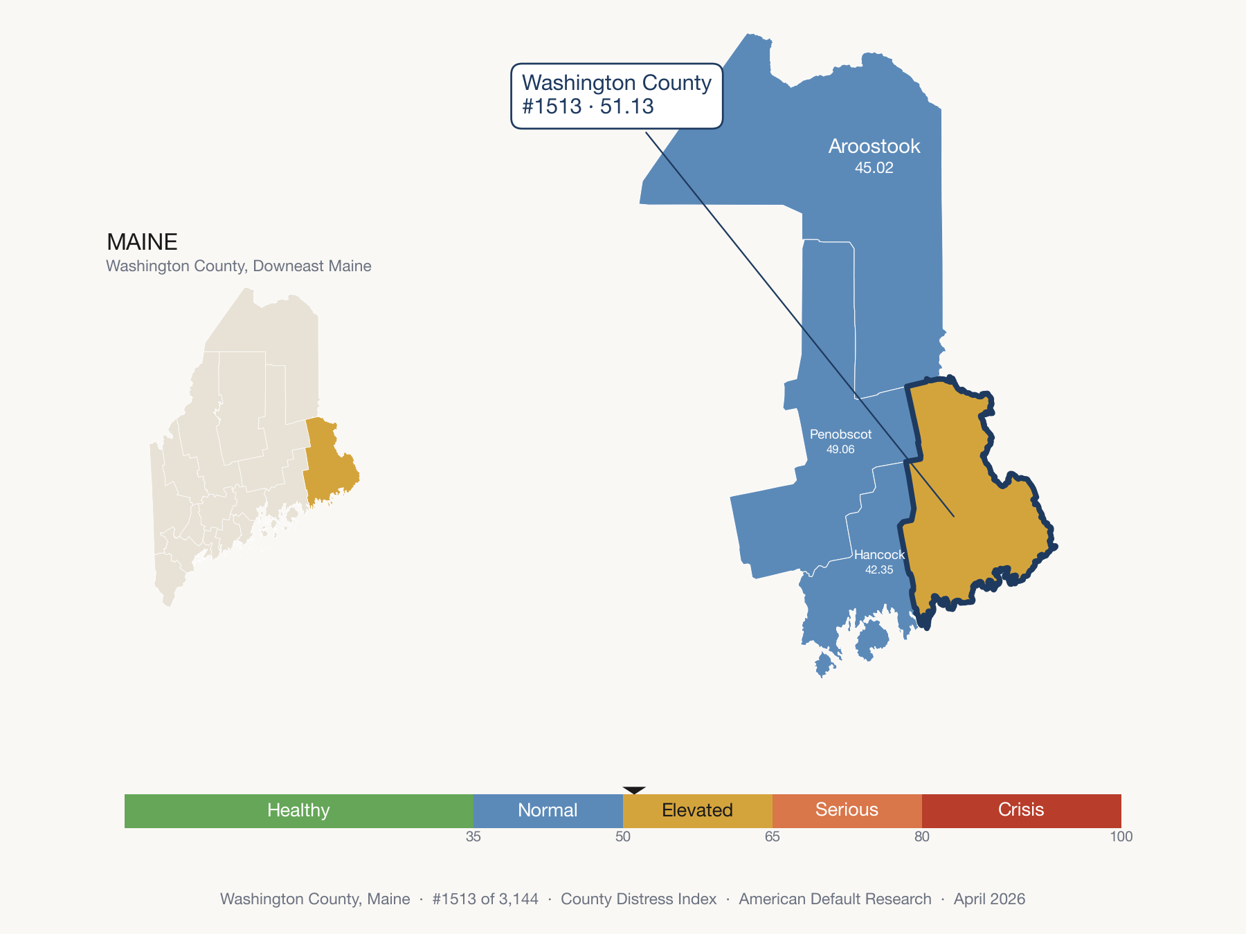County Distress Index cluster map. Washington County, Maine and its neighbors colored by distress zone.