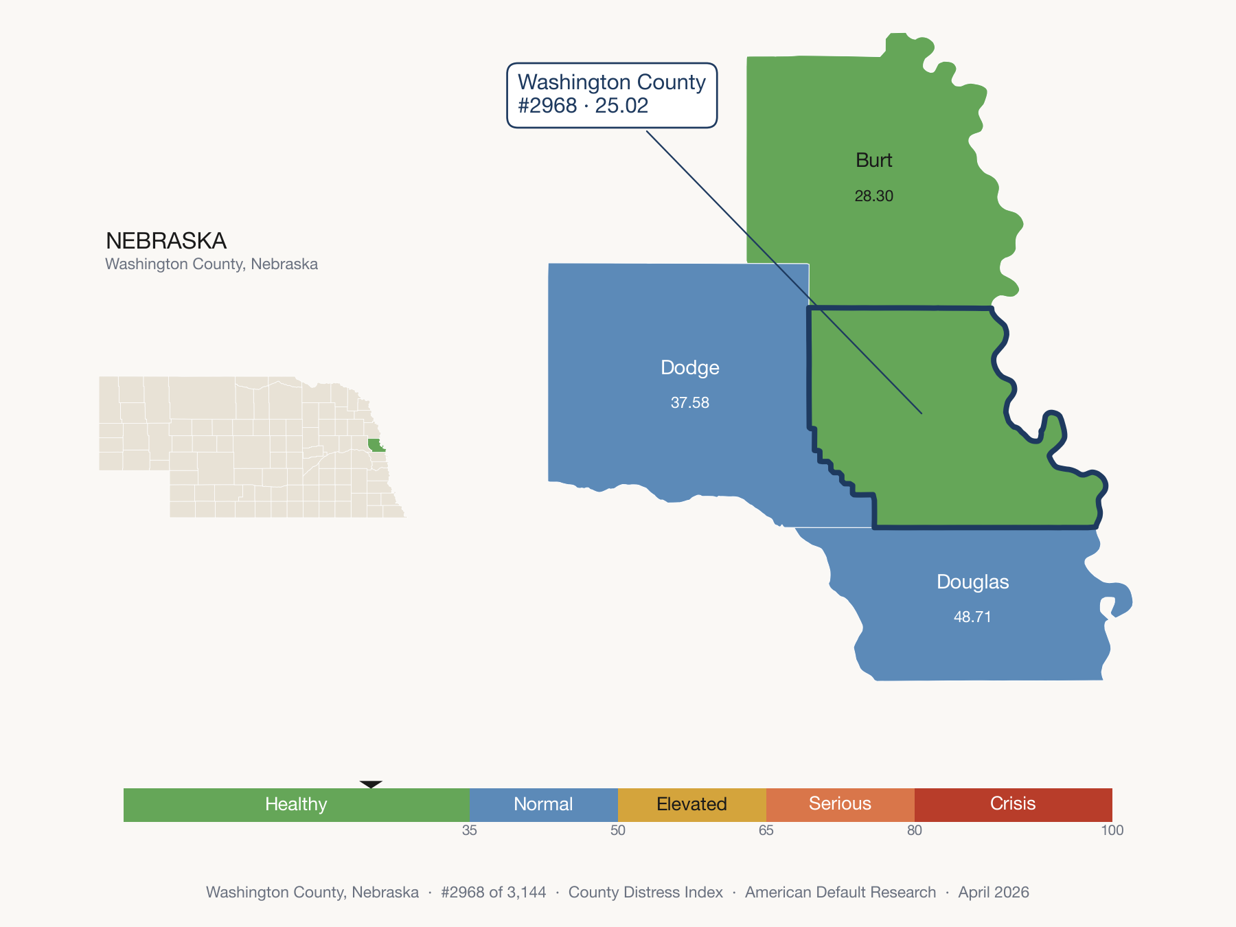 County Distress Index cluster map. Washington County, Nebraska and its neighbors colored by distress zone.