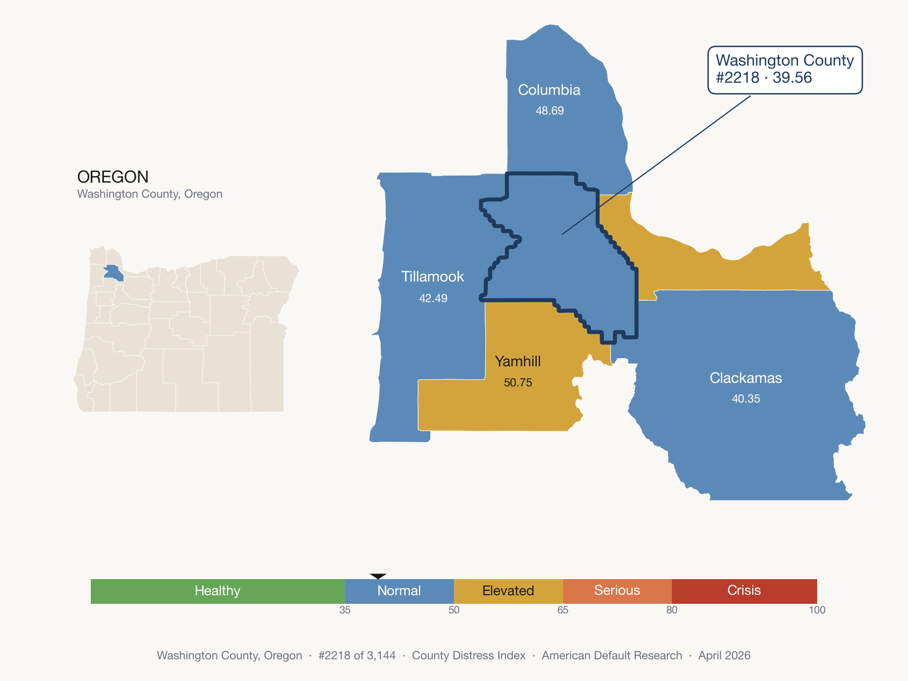 County Distress Index cluster map. Washington County, Oregon and its neighbors colored by distress fifth.