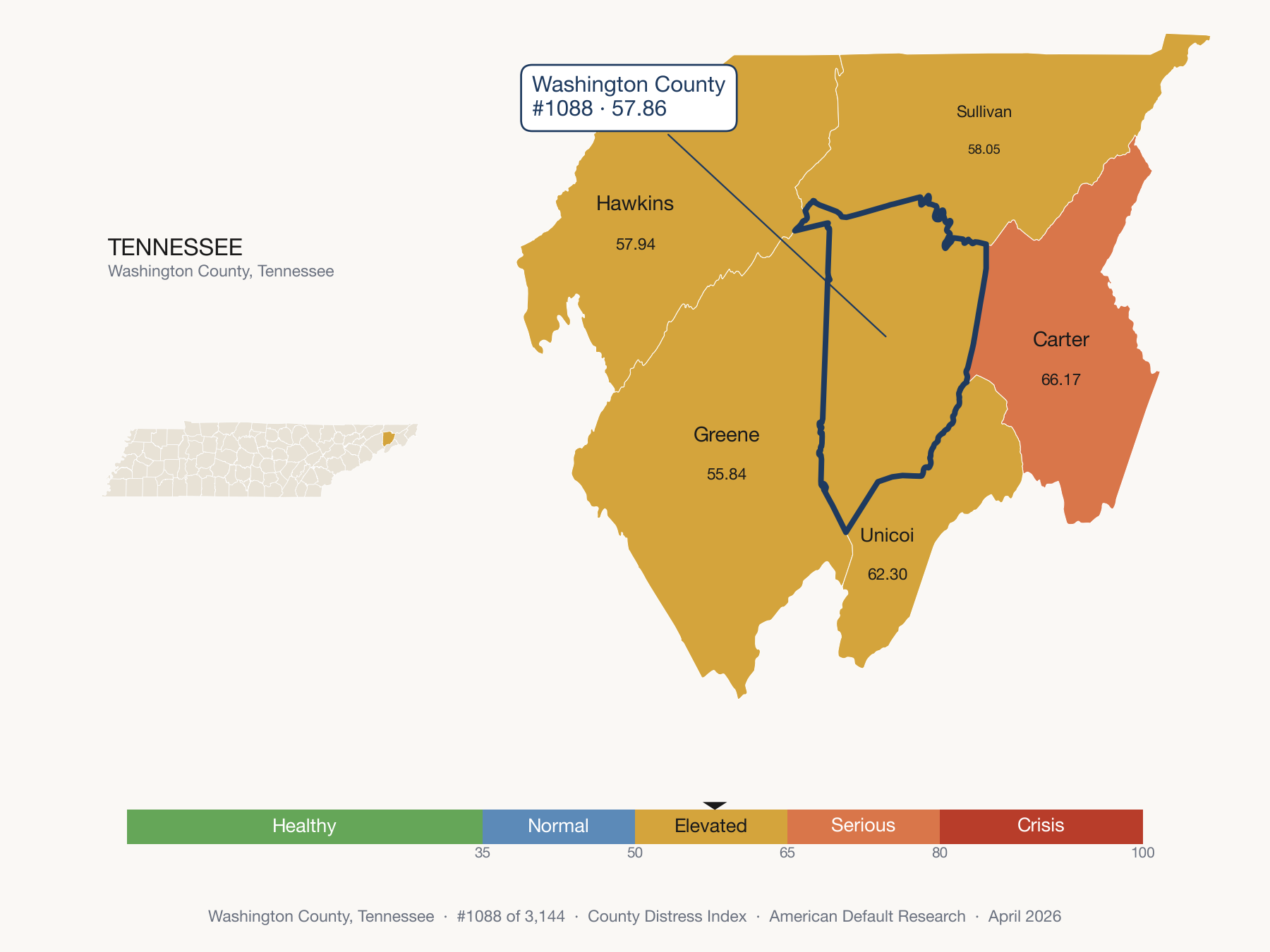 County Distress Index cluster map. Washington County, Tennessee and its neighbors colored by distress fifth.