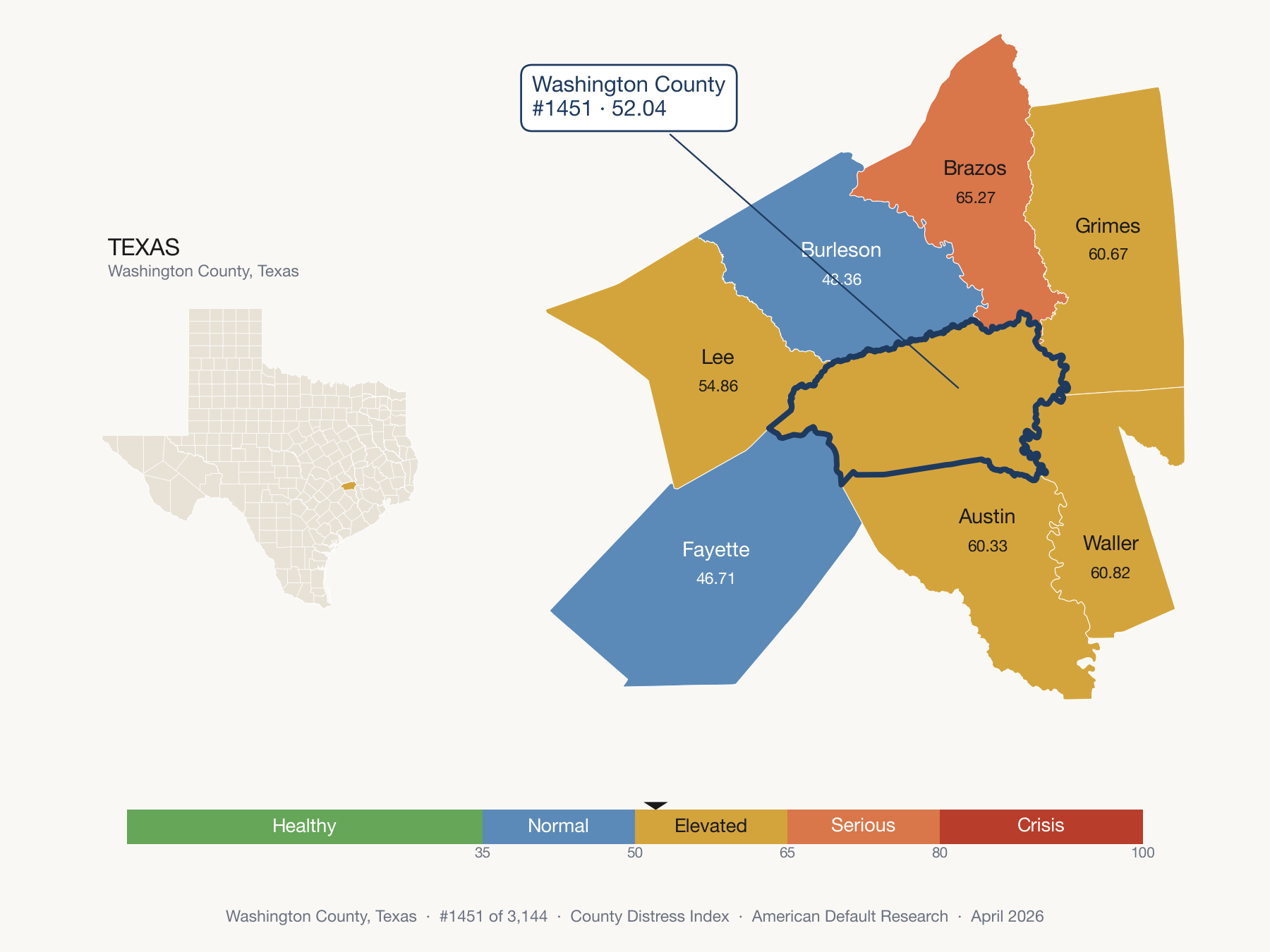 County Distress Index cluster map. Washington County, Texas and its neighbors colored by distress zone.