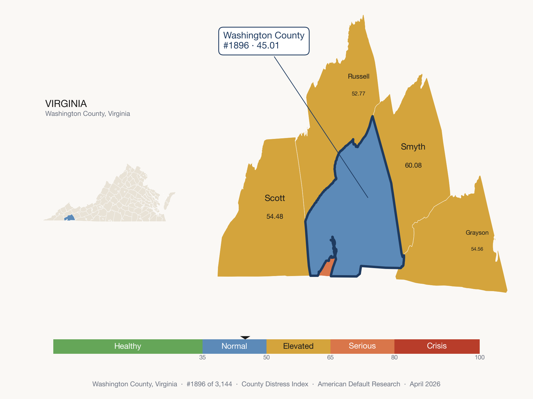 County Distress Index cluster map. Washington County, Virginia and its neighbors colored by distress fifth.
