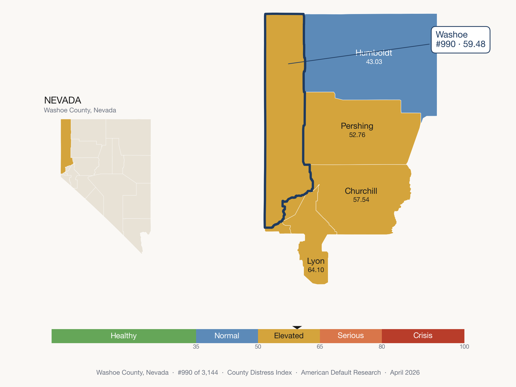 County Distress Index cluster map. Washoe County, Nevada and its neighbors colored by distress fifth.