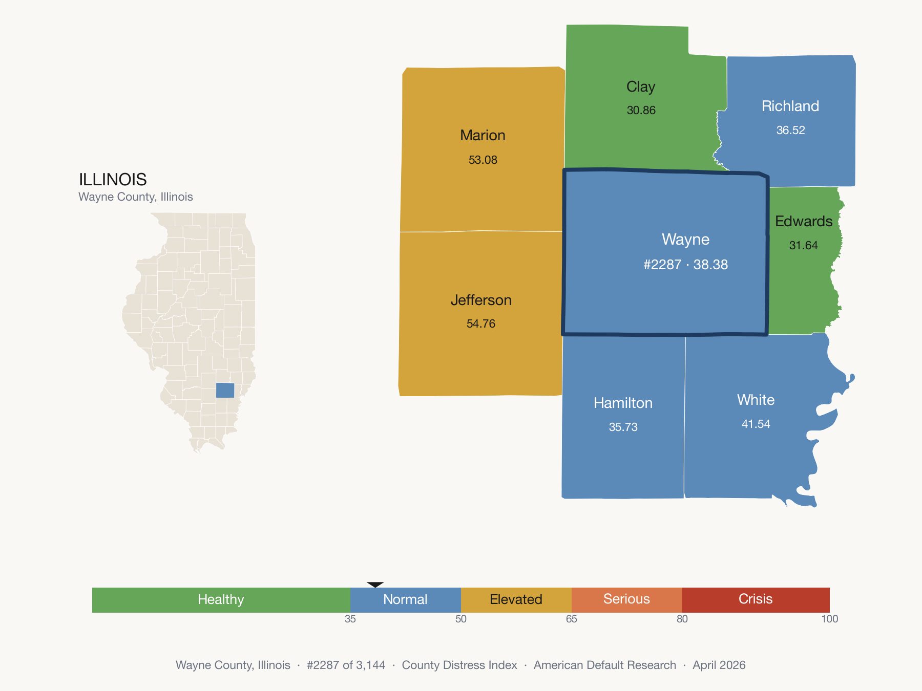 County Distress Index cluster map. Wayne County, Illinois and its neighbors colored by distress fifth.