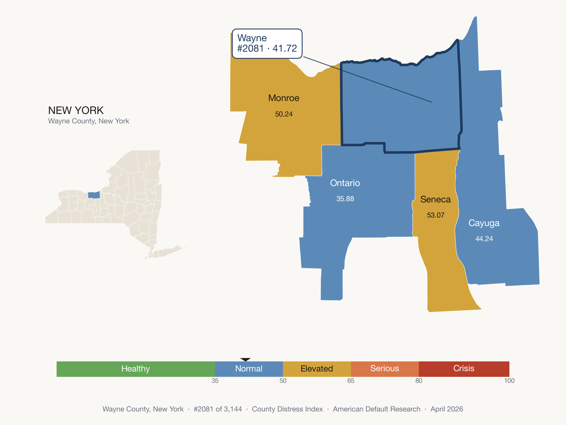 County Distress Index cluster map. Wayne County, New York and its neighbors colored by distress fifth.
