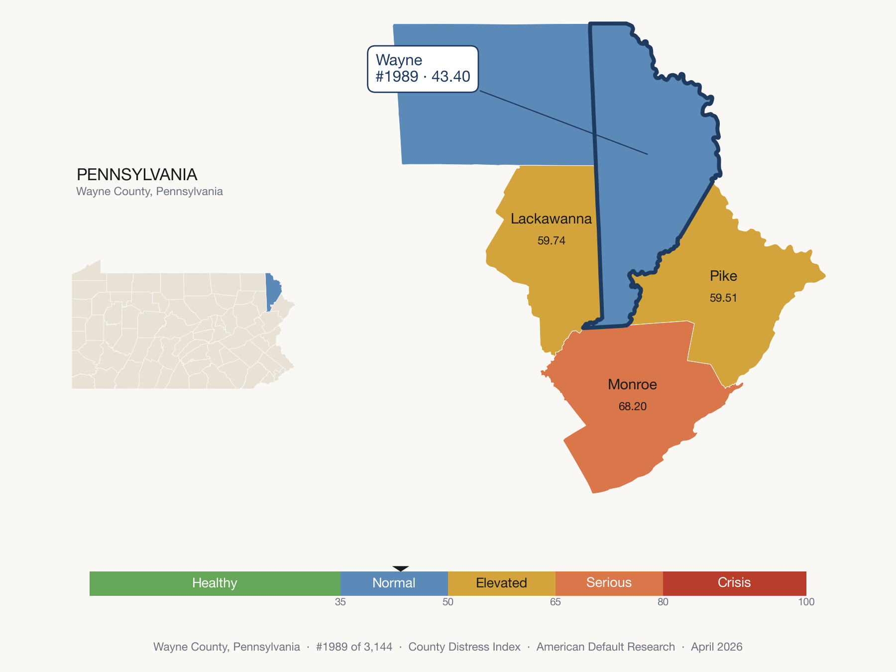 County Distress Index cluster map. Wayne County, Pennsylvania and its neighbors colored by distress fifth.