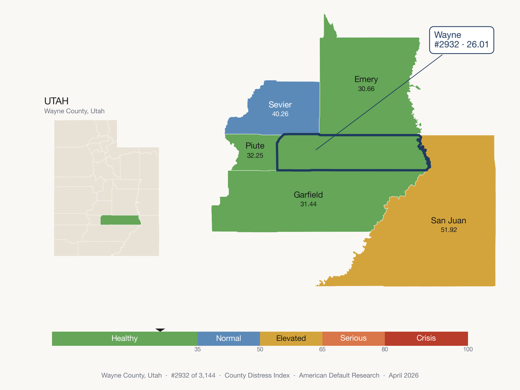 County Distress Index cluster map. Wayne County, Utah and its neighbors colored by distress zone.