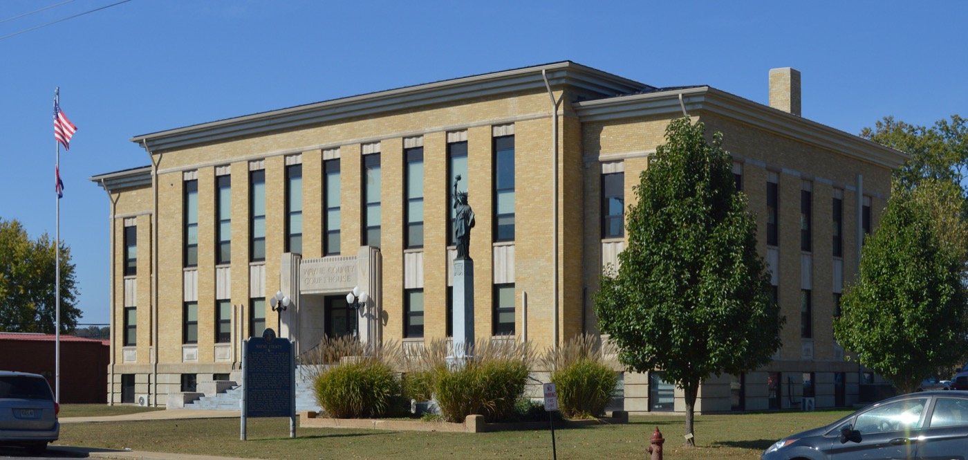 Wayne County Courthouse in Greenville, Missouri — the county seat that was rebuilt after the original town was relocated for Wappapello Dam in 1941.