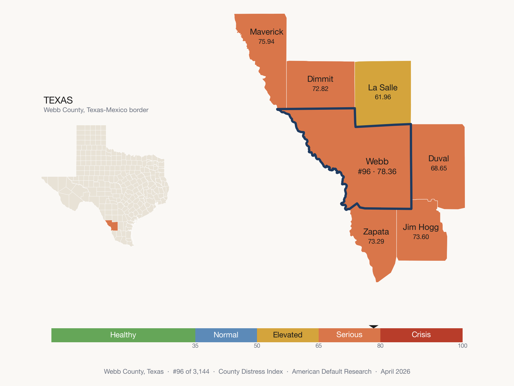 County Distress Index cluster map. Webb County, Texas and its neighbors colored by distress fifth.