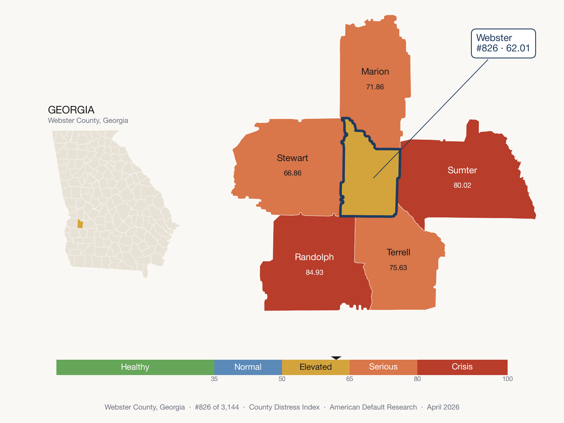 County Distress Index cluster map. Webster County, Georgia and its neighbors colored by distress zone.